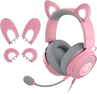 Razer レイザー Kraken Kitty V2 Pro Quartz Pink ネコ/クマ/ウサギのイヤーデザインに交換可能な有線 ゲーミングヘッドセット 4つのRazer Chroma RGB ゾーン 取り外し可能なRazer HyperClear カーディオイドマイク TriForceチタン 50mmドライバー クラーケン キティー ブイツープロ クオーツピンク 【日本正規代理店保証品】