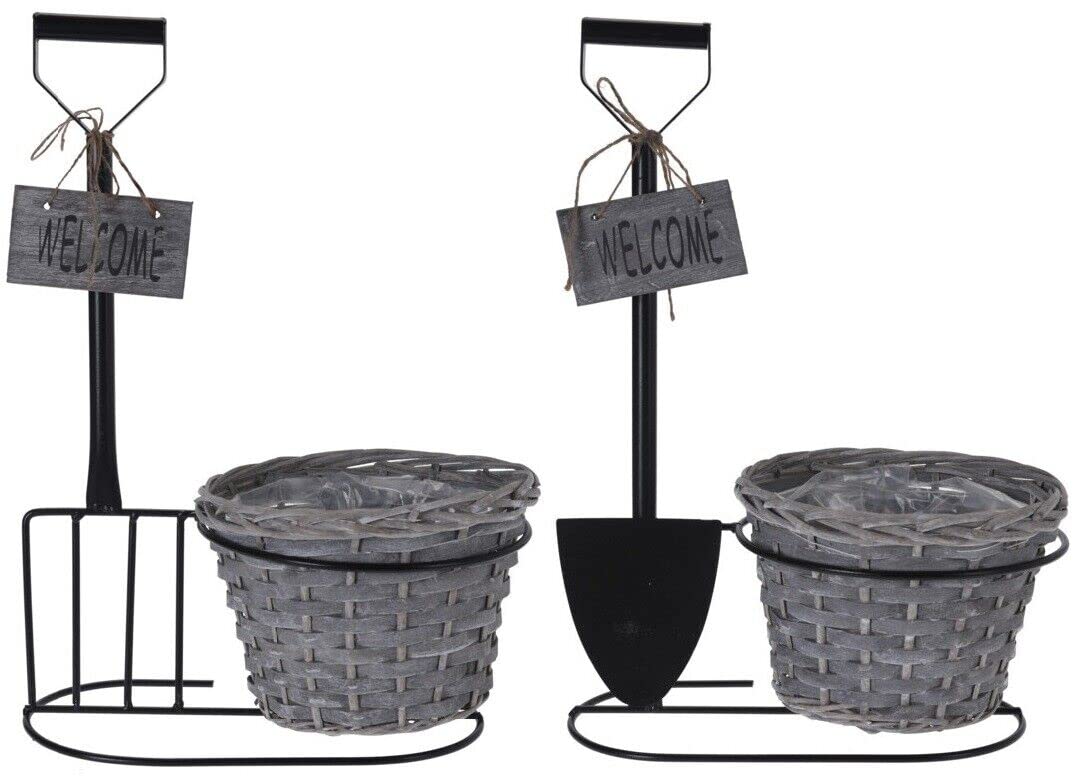 Muddy Hands Set of 2 Freestanding Wicker Fork & Spade Welcome Planter Baskets Outdoor Garden Flower Plant Pots - Perfect Mothers Day Present