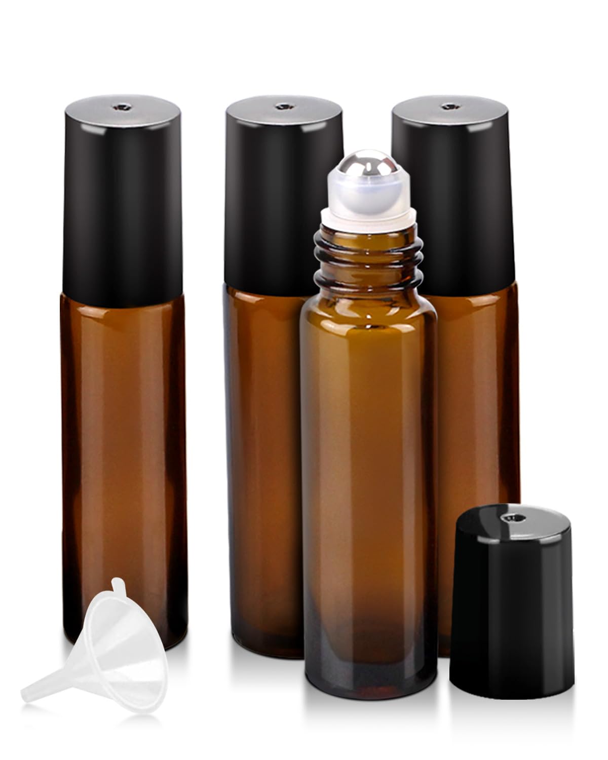 Worldgsb 4 Pack Essential Oil Roller Bottles 10ml Refillable Amber Glass Roller Bottles with Stainless Steel Roller Balls