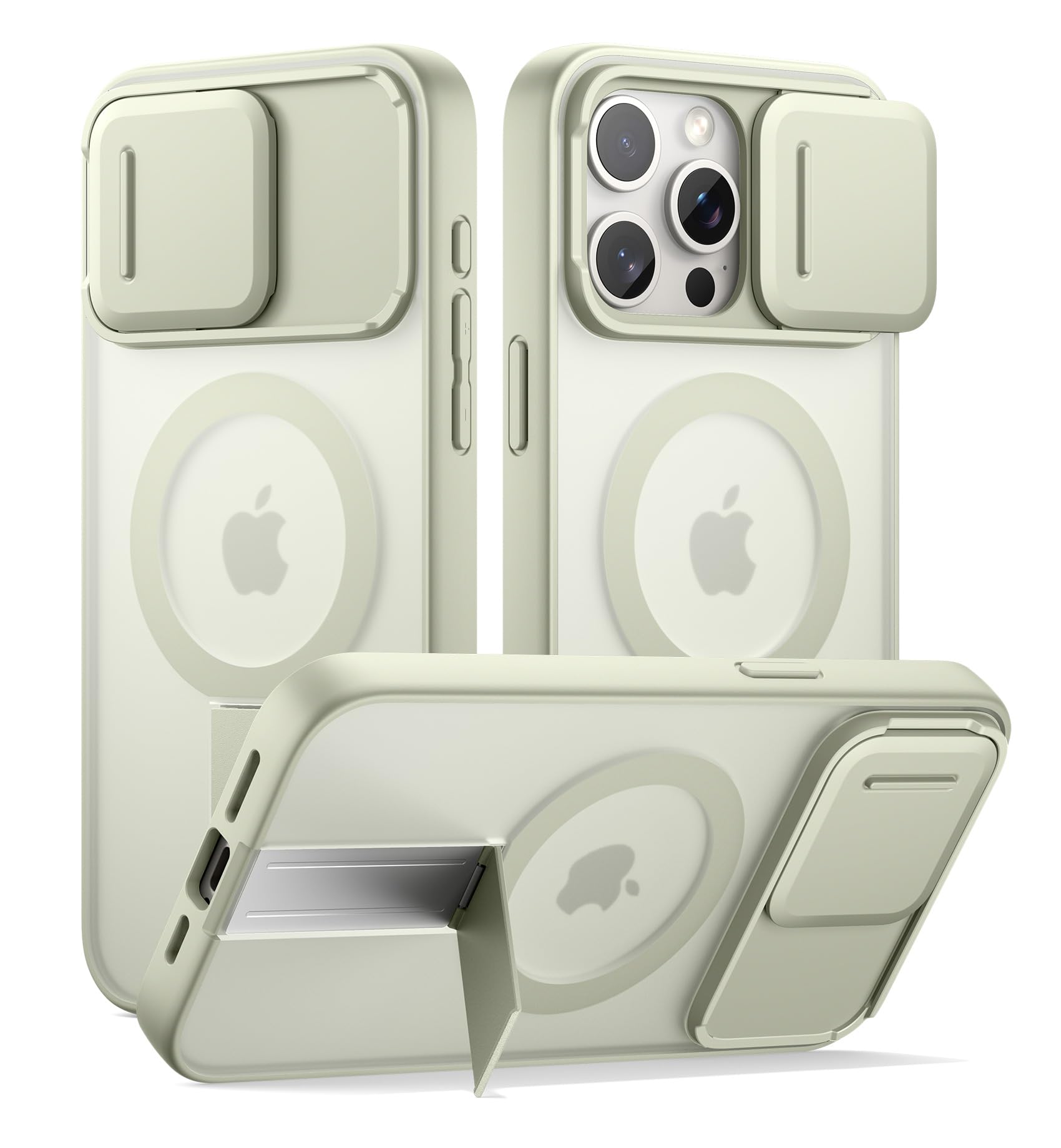 SURITCH for iPhone 15 Pro Max Case, Compatible with MagSafe, Built-in Kickstand & Camera Cover & Translucent Back, Shockproof Rugged Protective Phone Cover 6.7 Inch, Green