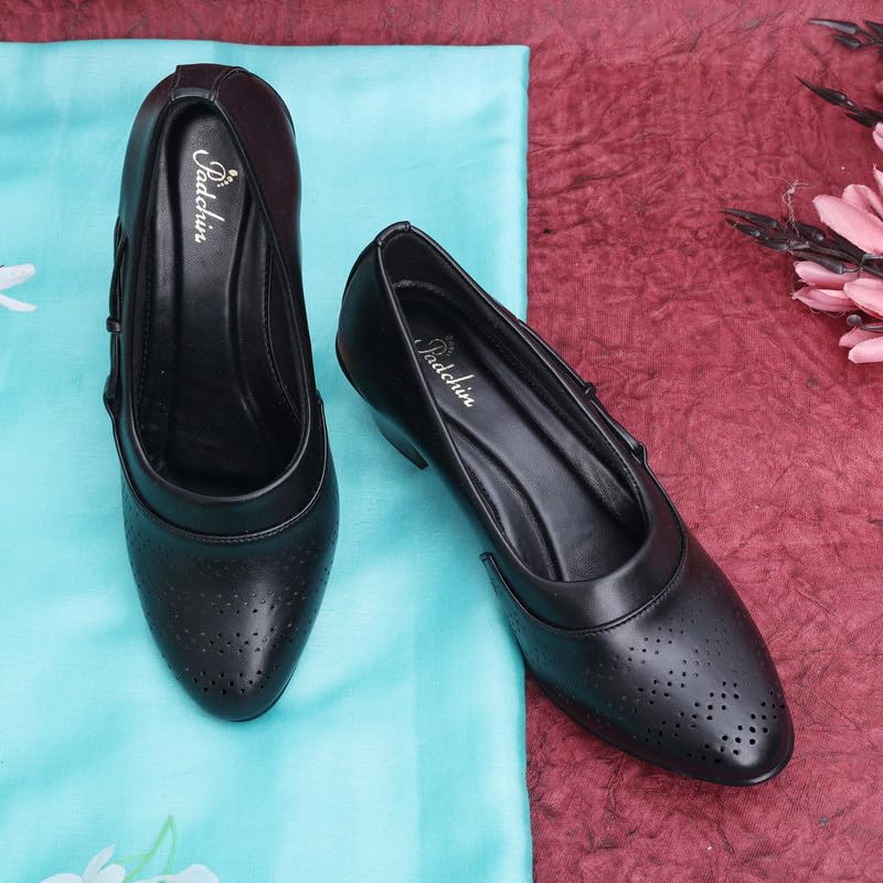 Padchin Women Round Toe Block Heel Black Pumps | Formal and Casual Fashion sandal with Stiletto Heels | Comfortable Casual and Formal Shoes | Stylish and Fashionable Ladies Pump Shoe for Daily Use 1
