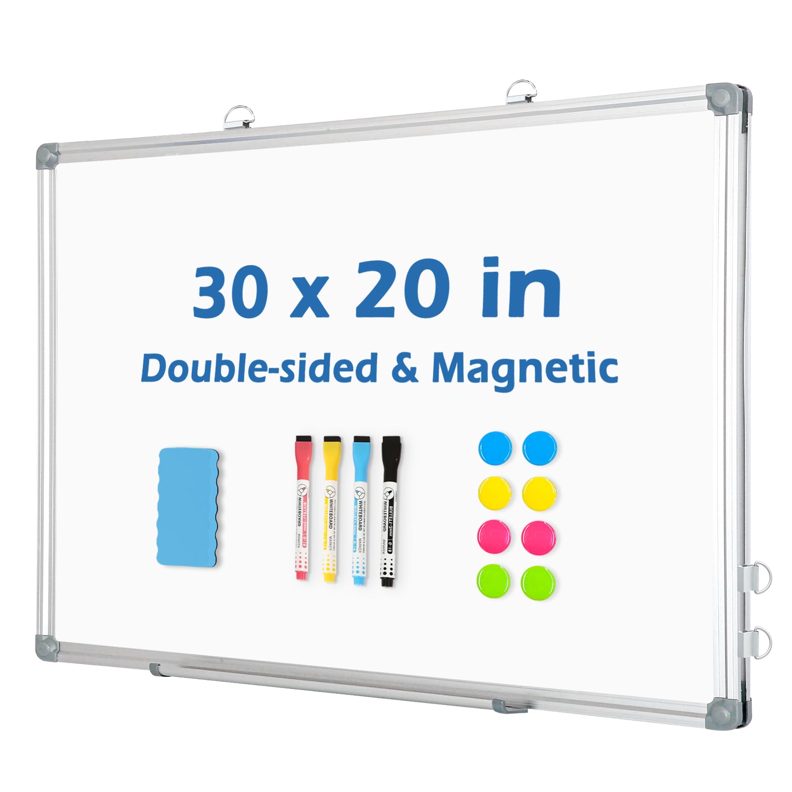 Whiteboard Dry Erase Board, Double-Sided Magnetic Whiteboard for Wall 30 x 20 Inch Aluminum Frame for Office School Home with 8 Magnets 4 Markers 1 Eraser 1 Detachable Pen Tray