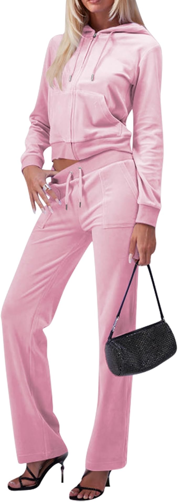 yidengymx Two Piece Velvet Hooded Outfits for Women, Womens 2 Piece Velour Tracksuit Zip Up Sweatsuit with Cargo Pockets
