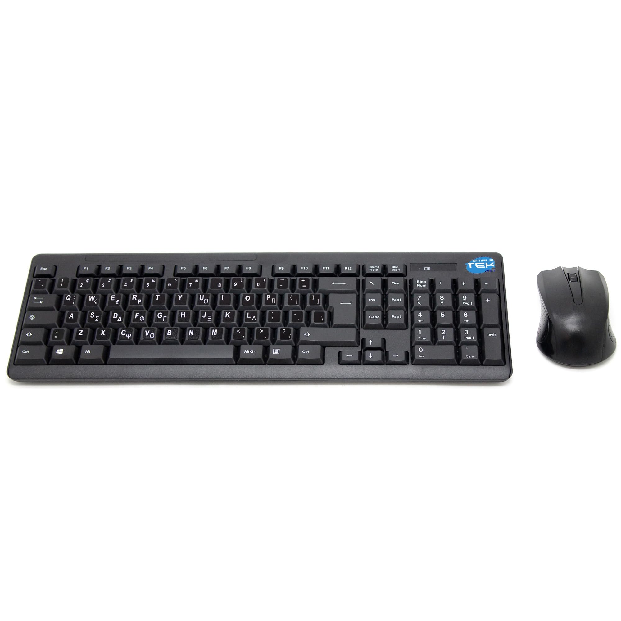Teclado inalámbrico QWERTY griego Simpletek con pegatinas y ratón universal negro 7