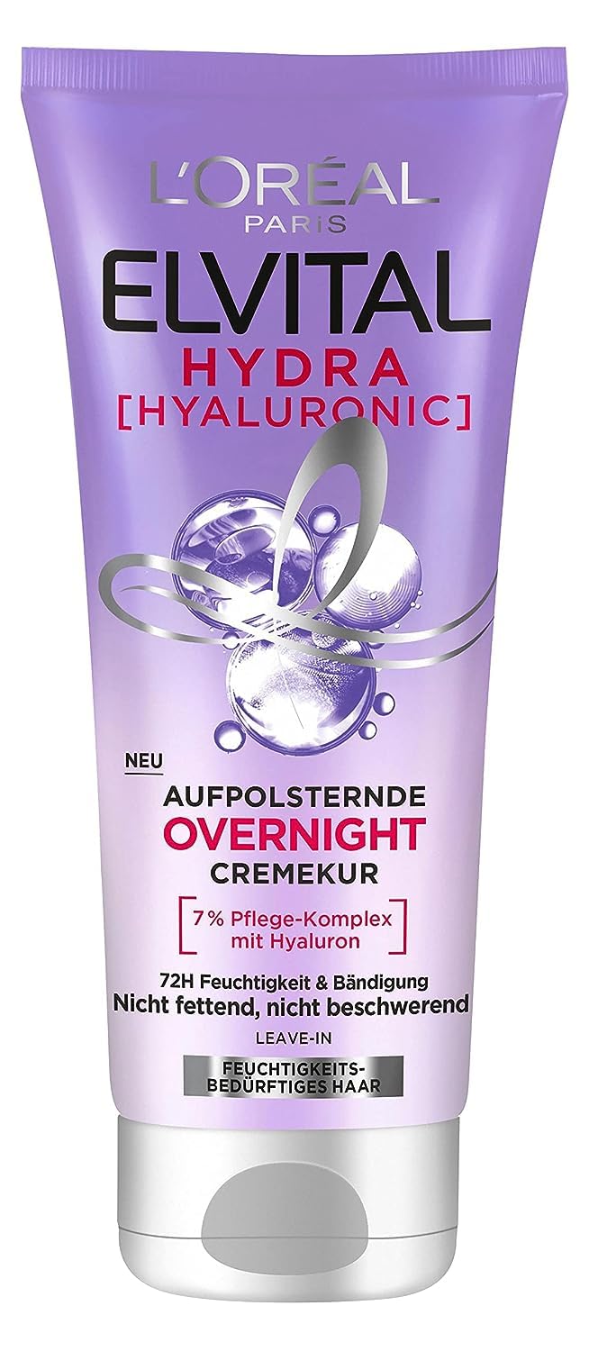 L’Oréal Paris Elvital Hydra Hyaluronic Moisturising Hair Mask for Shiny Hair, Leave In for Moisture Boost & Protection Overnight, Long-Lasting Moisture and Care, 200 ml