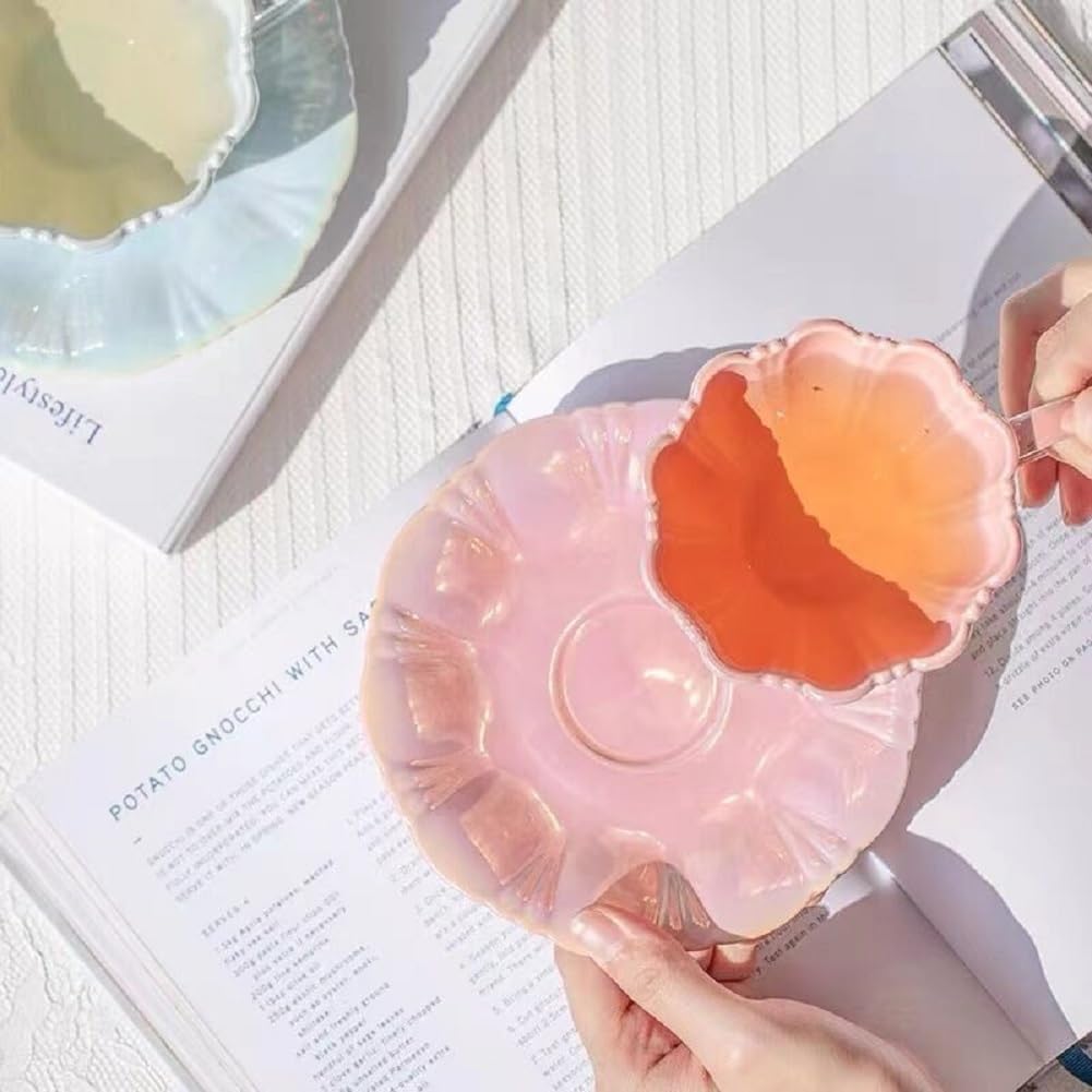 Blumenform Kaffeetasse Set Perlenglanz Blumentasse 230ml Espressotasse niedliche Capuccinotasse mit Untertasse für Frauen Freundin Geburtstag Muttertag Valentinstag (Rosa)
