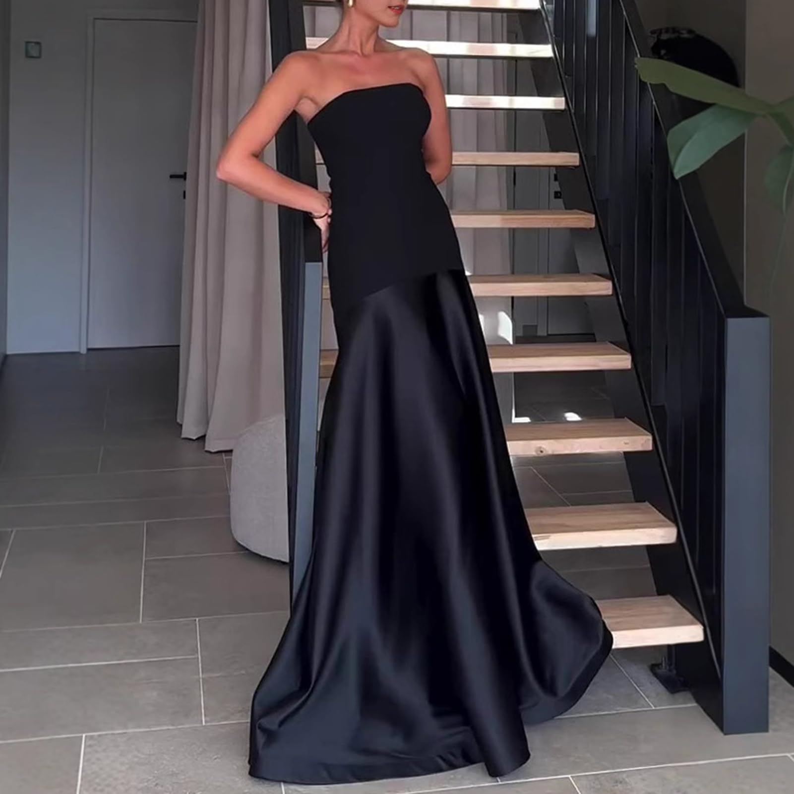 Vestido largo de satén sin tirantes, con hombros descubiertos, vestido largo de noche, elegante, ajustado, para cóctel, fiesta, boda