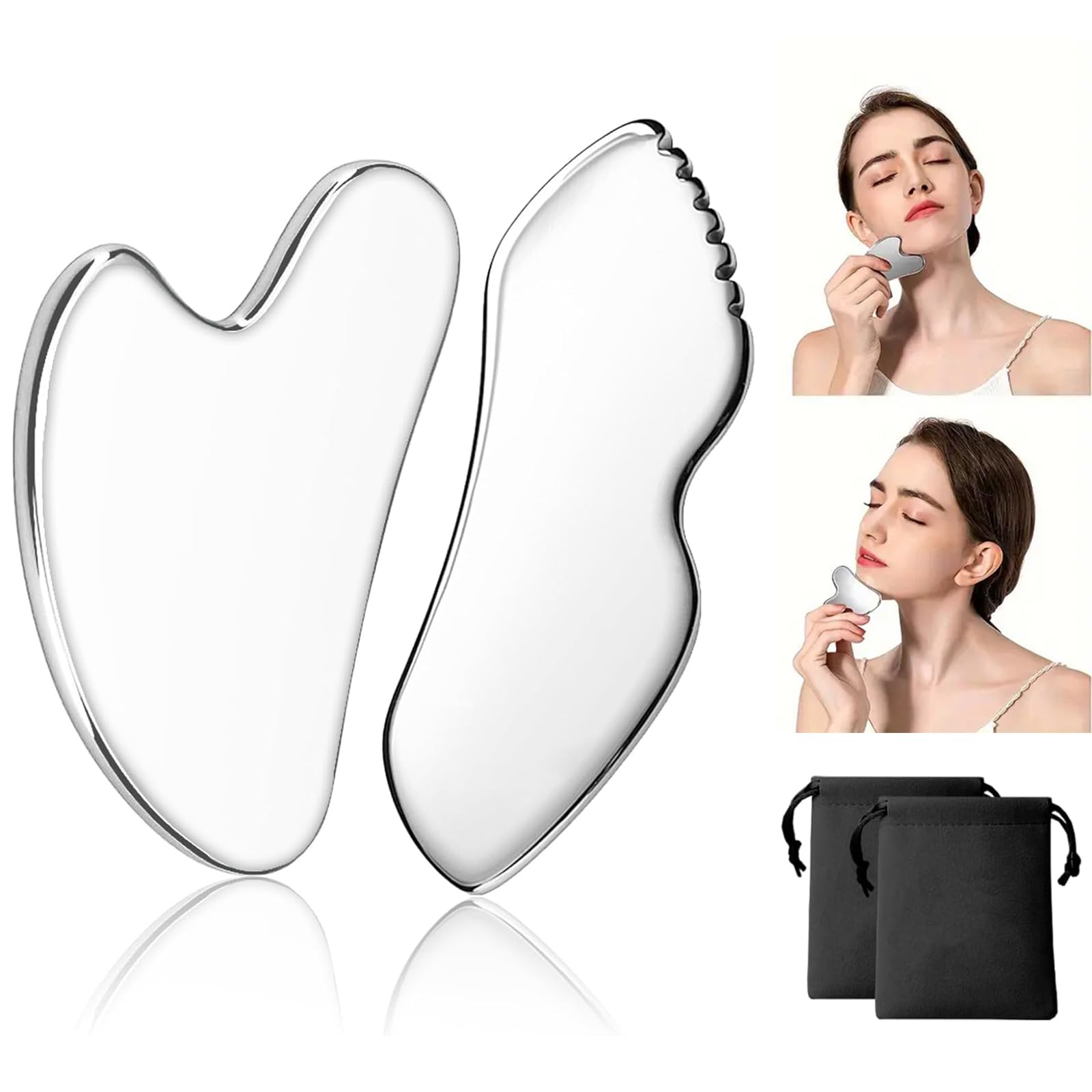 2-Pack Guasha Scraping Massage Stone Tool with Storage Bag, Stainless Steel Gua Sha Facial Tool Myofascial Massage Board for Face, Eyes, Neck and Body