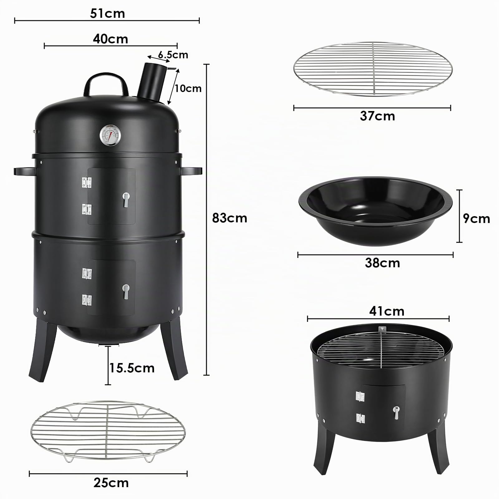 TLGREEN Horno Ahumador, Ahumador 3 en 1, Ahumador con Chimenea, Barbacoa de Carbón, con Termómetro, 2 Rejillas de Acero Inoxidable (φ 37,5 cm), Barbacoa Ahumadora para Ahumar, Asar y Cocinar