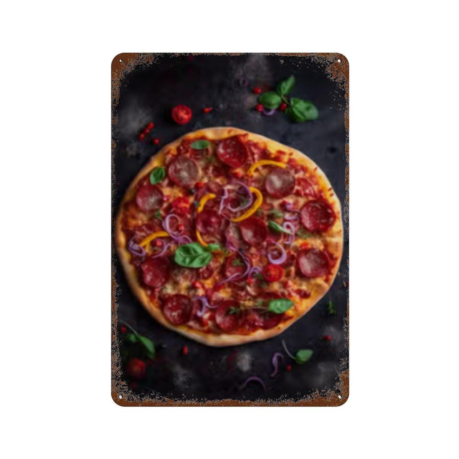 Vintage Rust Metal Sign with Pepperoni Pizza with Basil Design 11.8"x7.9", for Shed, Workshop And Garage Wall Decor, Retro Wall Decor
