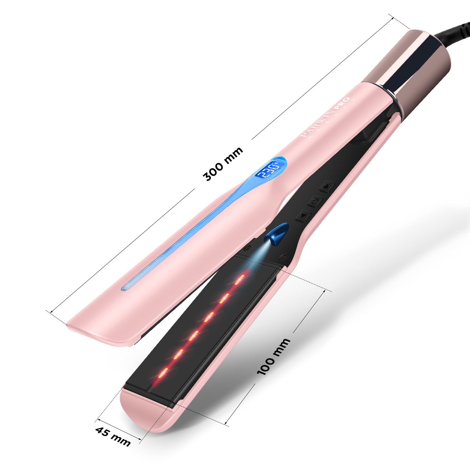 Plancha pelo infrarroja iónica 45 mm PARWIN PRO BEAUTY, placas anchas para cabello grueso, rizado, encrespado y largo, 14 temperaturas, color morado | PARWIN PRO BEAUTY - Plancha profesional para pelo grueso, rizado, rizado y largo, terapia infrarroja e i