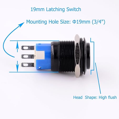 Miniatura 5 de Interruptor de botón con pestillo, URTONE UR193, 1NO1NC SPDT ONOFF 5A 250VAC 30VDC carcasa de metal de aleación de aluminio adecuada para orificio