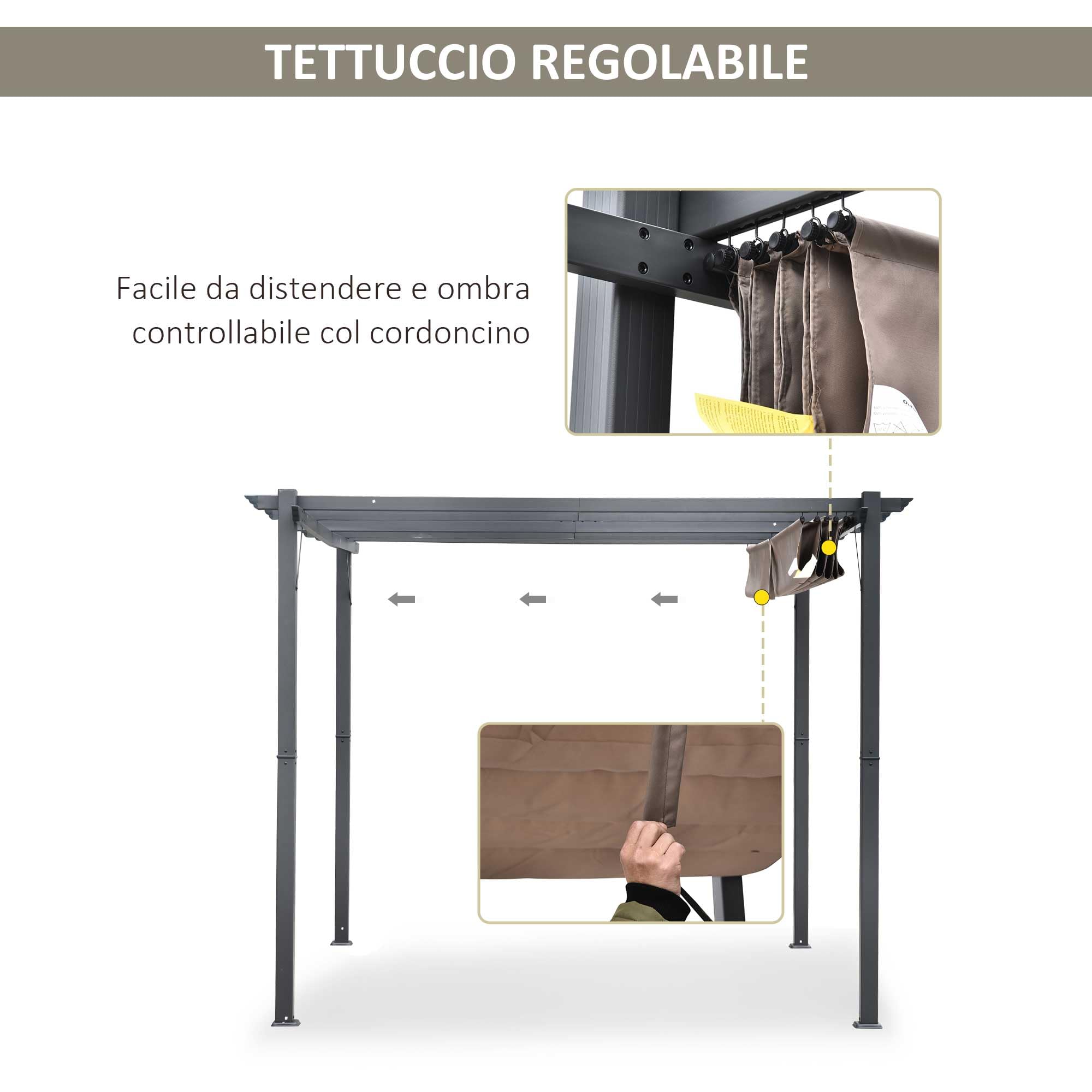 Outsunny Gazebo Pergola da Giardino 3x3 m Tettuccio Retrattile Grigio | Pergolato in Alluminio, Tetto Regolabile Anti UV