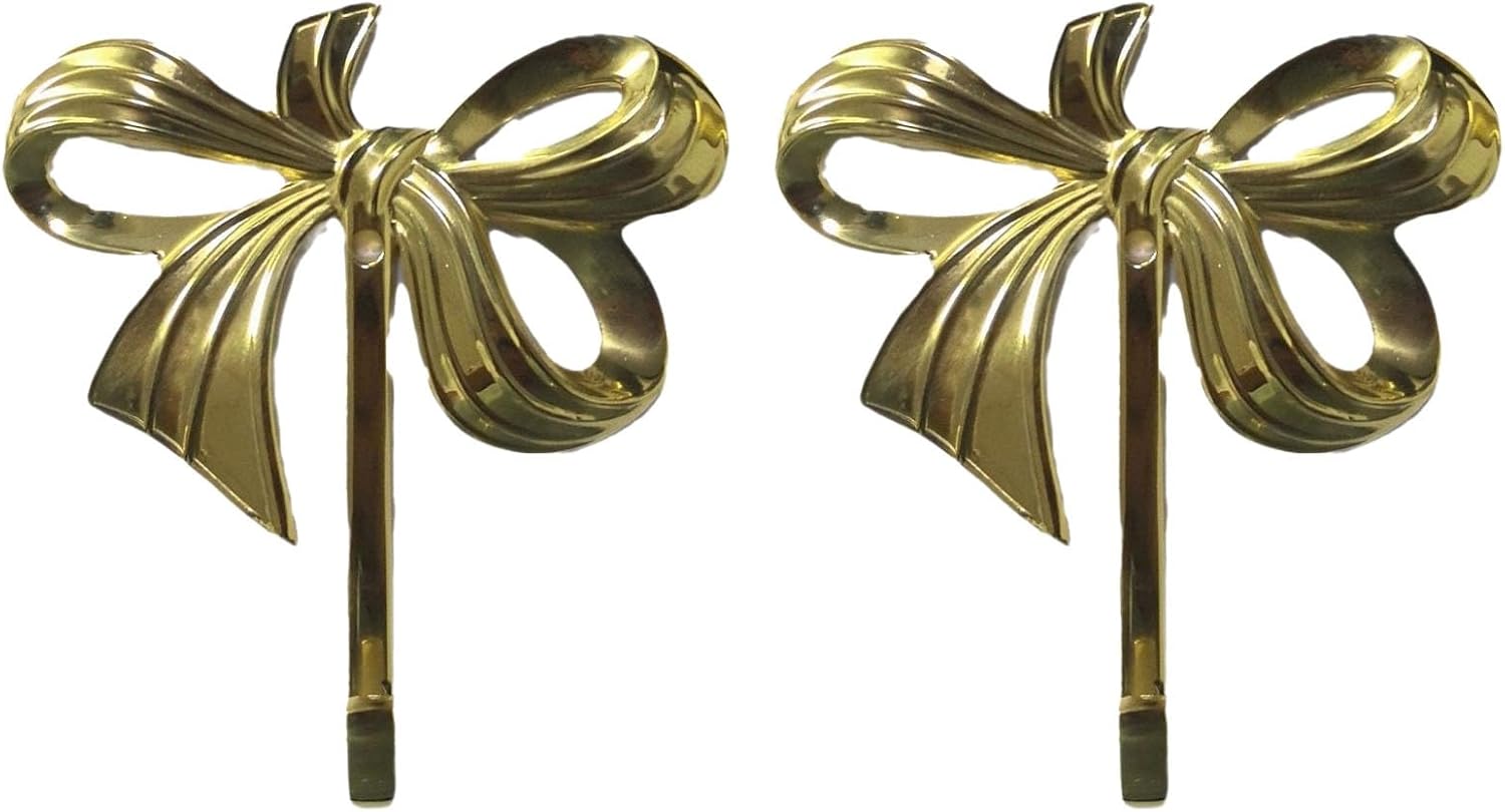 XINRUI 2PCS Brass Bow Wall Hooks Gold Decorative Coat Towel Key Hanger Set Mounted Home Organizer Includes Screws(Small)