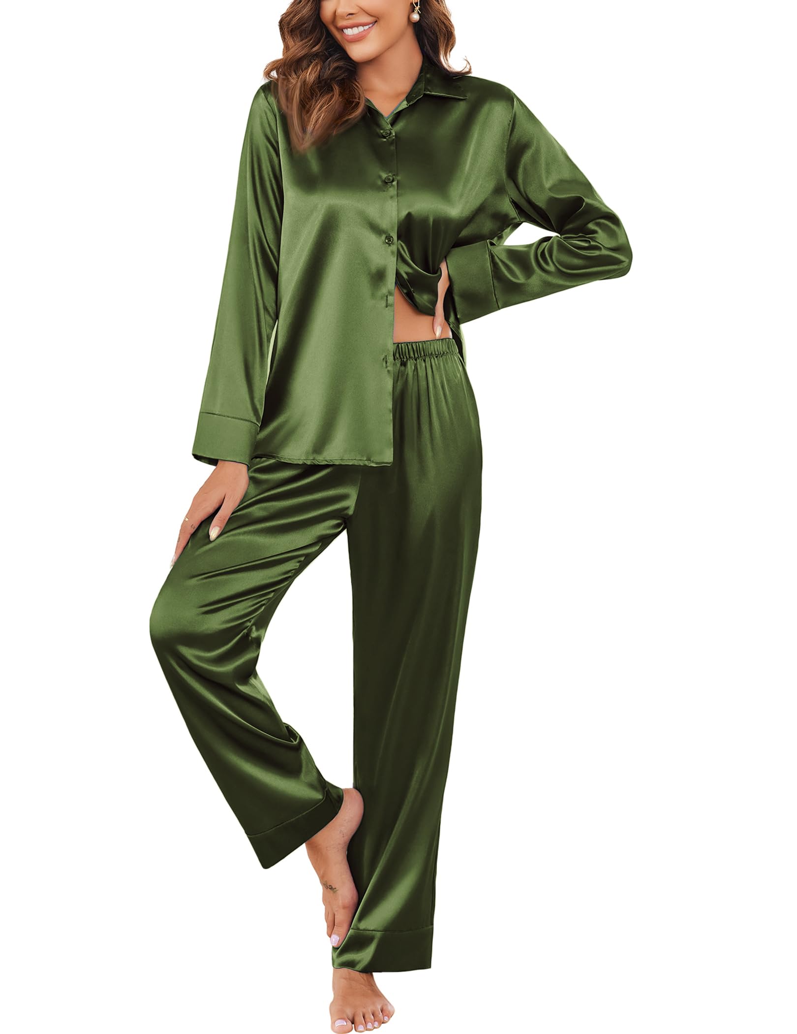 Ekouaer Classic Satin Pajamas for Women Long Sleeve Button Down Sleepwear Soft Silk Loungewear Pjs Set S-XXL