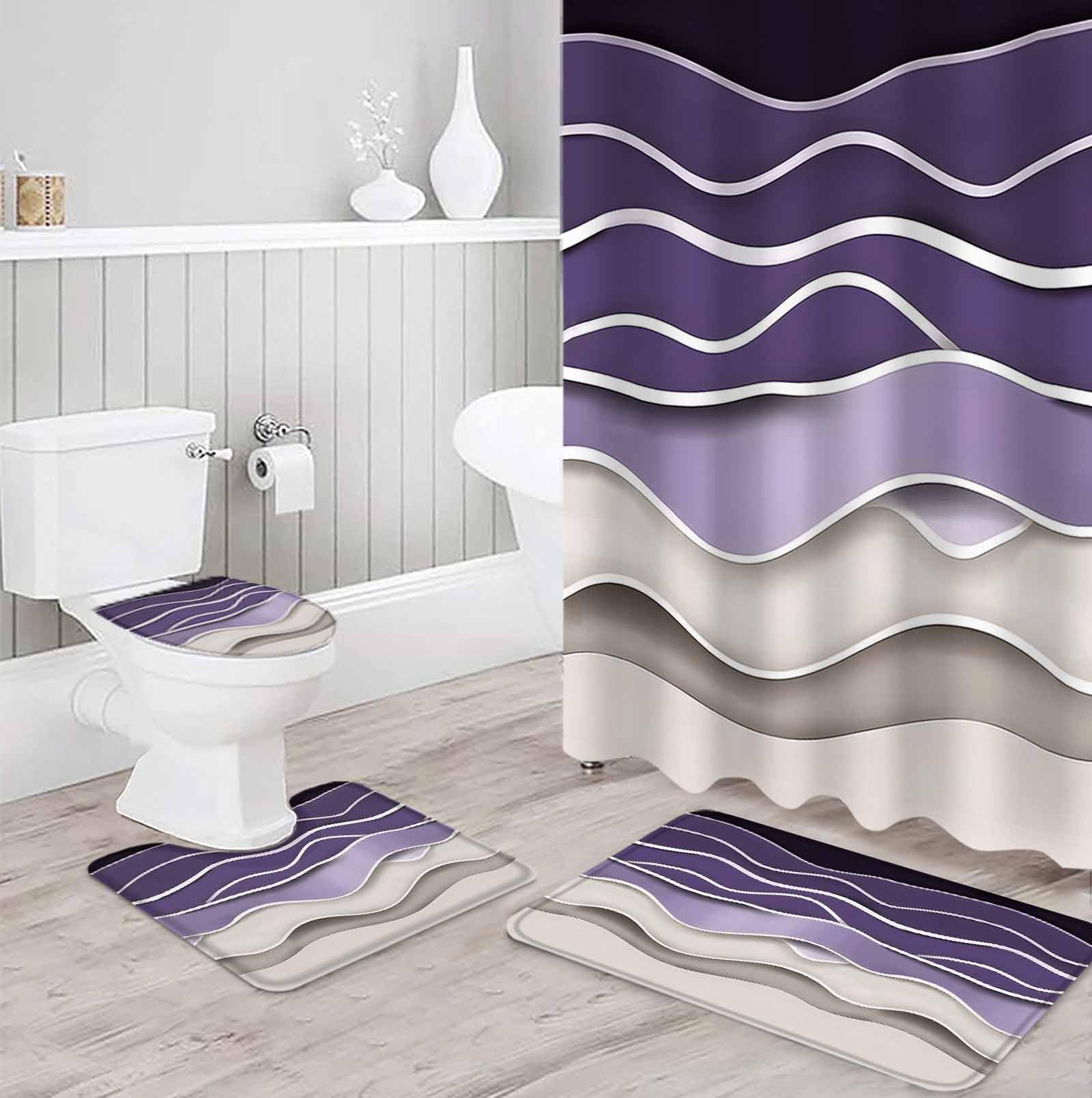 Purple Wave Bathroom Set with Shower Curtain and Rug Accessories - 36x72 Inches Long Coastal Ombre Ocean Grey Stripes Beach Sand Stall Curtain Waterproof with Small Bath Mat,Washable Runner Rug Set