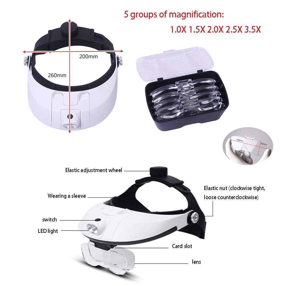Kopfbandlupe mit 2 LED-Leuchten, 5 austauschbaren Linsen (1x–3,5X), am Kopf befestigte Lupe für Schmuck-, Uhrenreparatur und Lesen