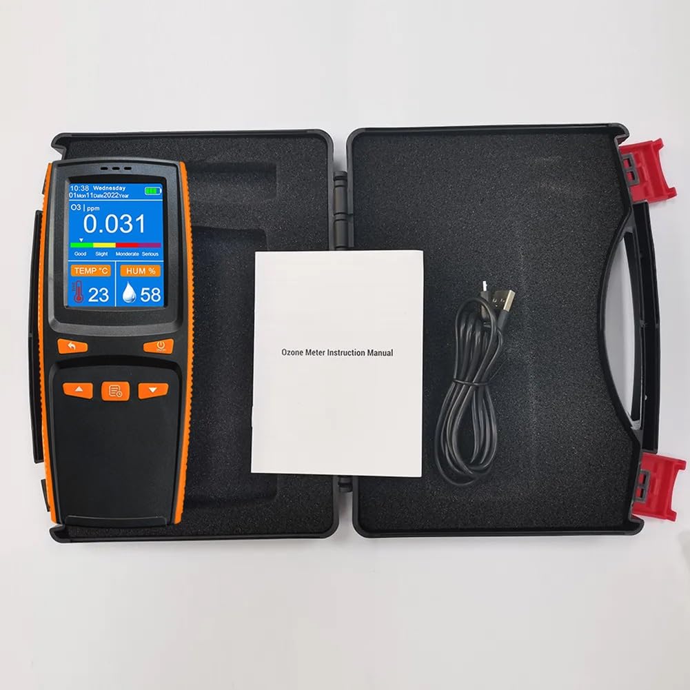 Rilevatore misuratore di ozono in tempo reale, analizzatore di ozono portatile con rilevamento di temperatura e umidità, misuratore di ozono con sensore intelligente portatile, schermo LCD da 2,8"