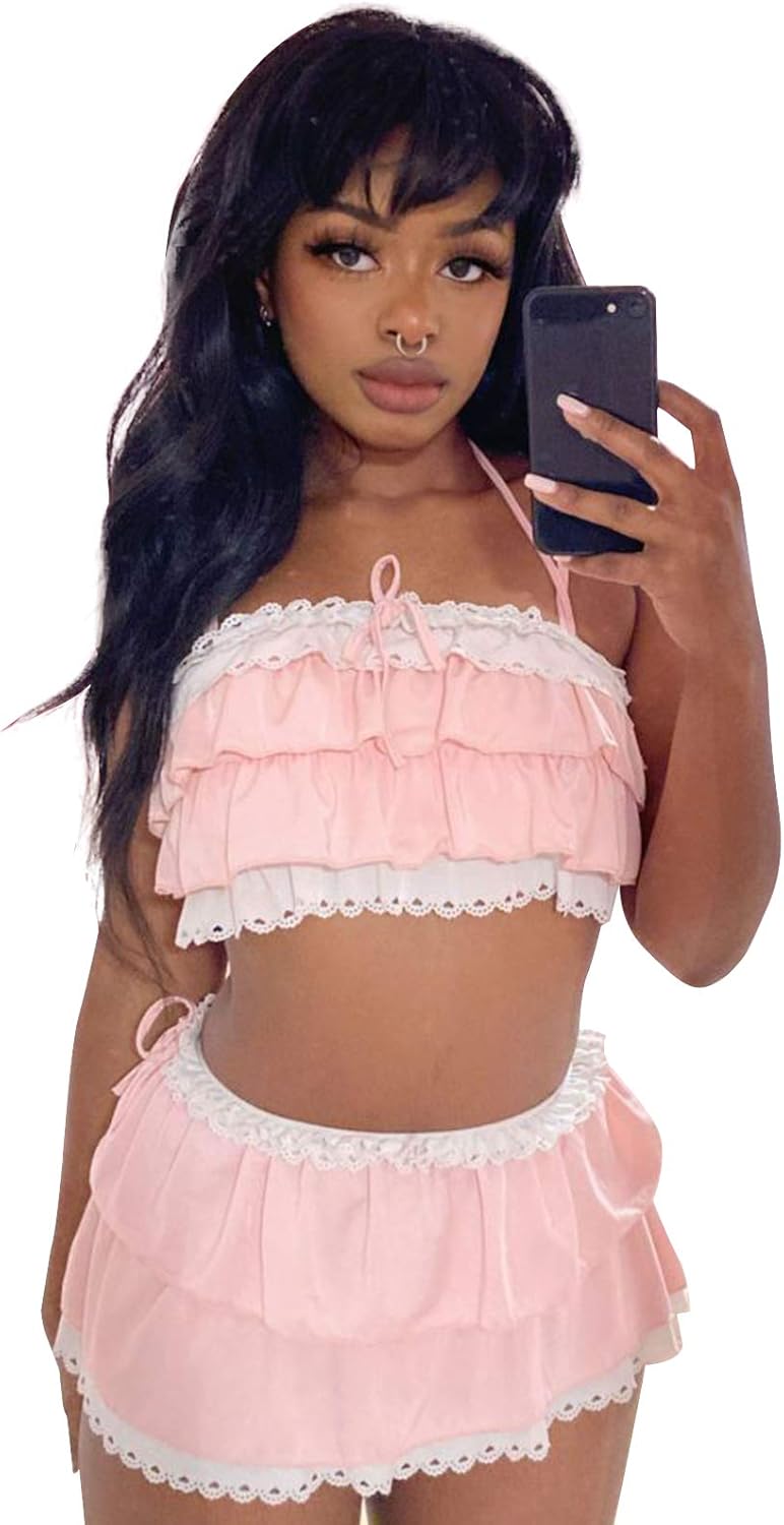 YOMORIO Womens Kawaii Japanese Ruffle Bikini Swimsuit Anime Cute Cat Cosplay Lingerie Costume