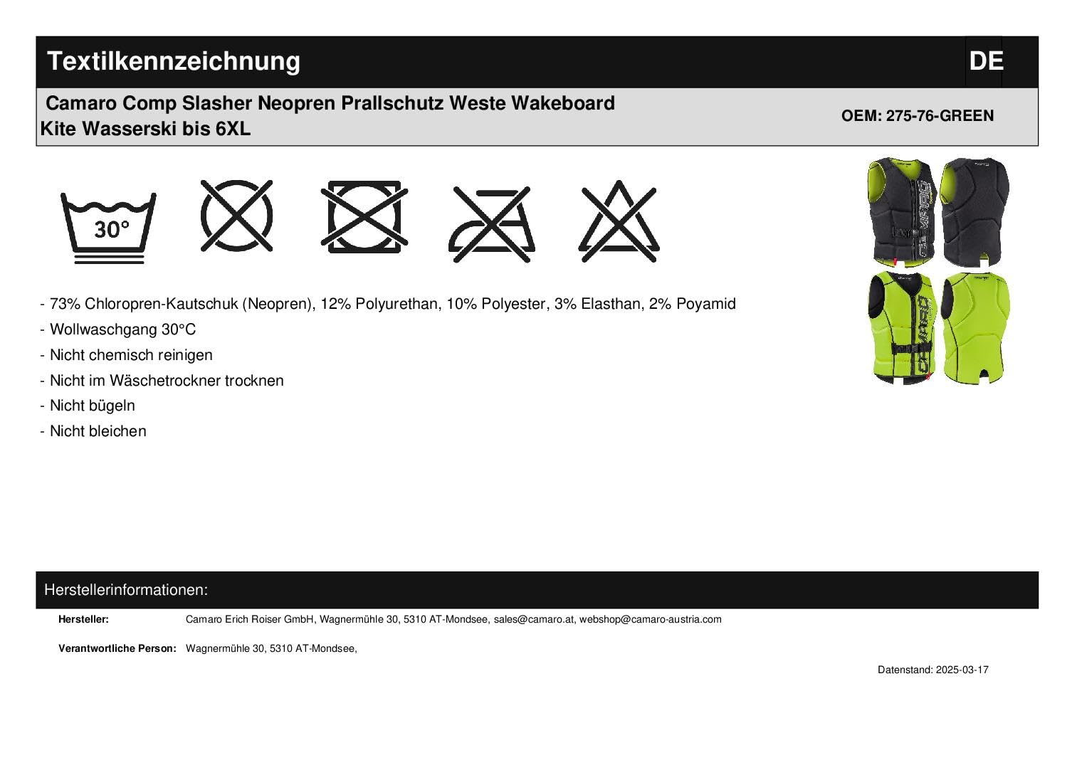 Camaro Comp Slasher Haut de Protection en néoprène Wakeboard Kite Ski Eau