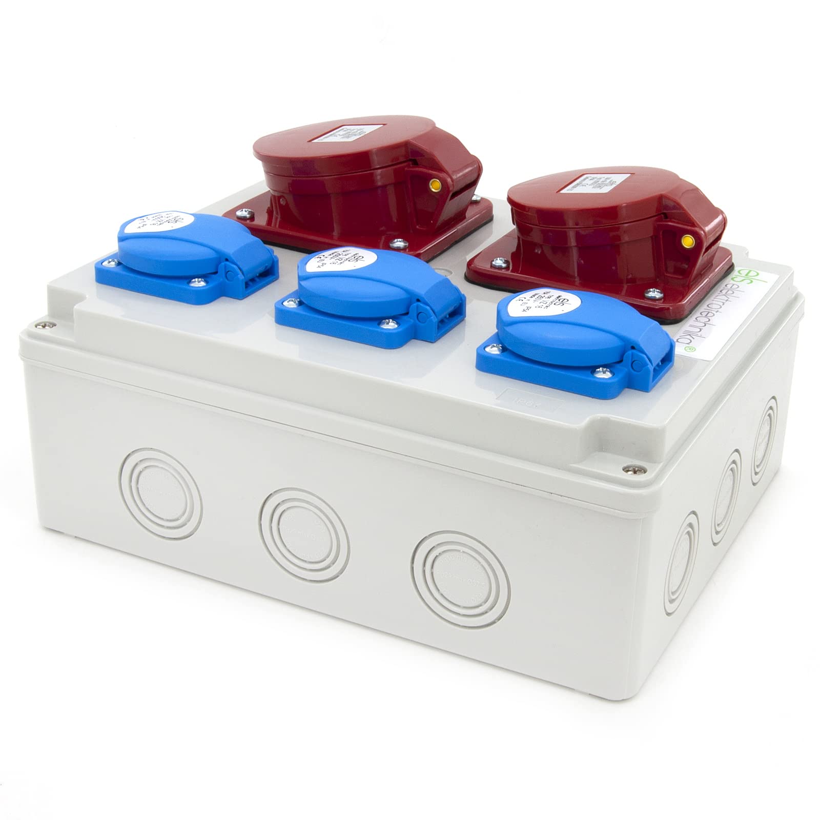 ELS Elektrotechnika Distributore a parete, 3 x 230 V, Schuko & 1 x 32 A/5P & 1 x 16 A/5P distributore di corrente di costruzione, cablato, pronto per il collegamento, per cantieri IP44