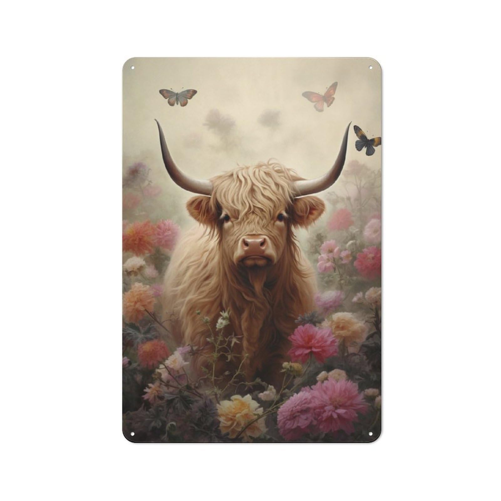 Junmoney Cute Floral Highland Cow Retro Tin Sign 30X20cm Featuring For Home Bar Wall, For Collectors Decorating Home Bars And Entertaining Spaces