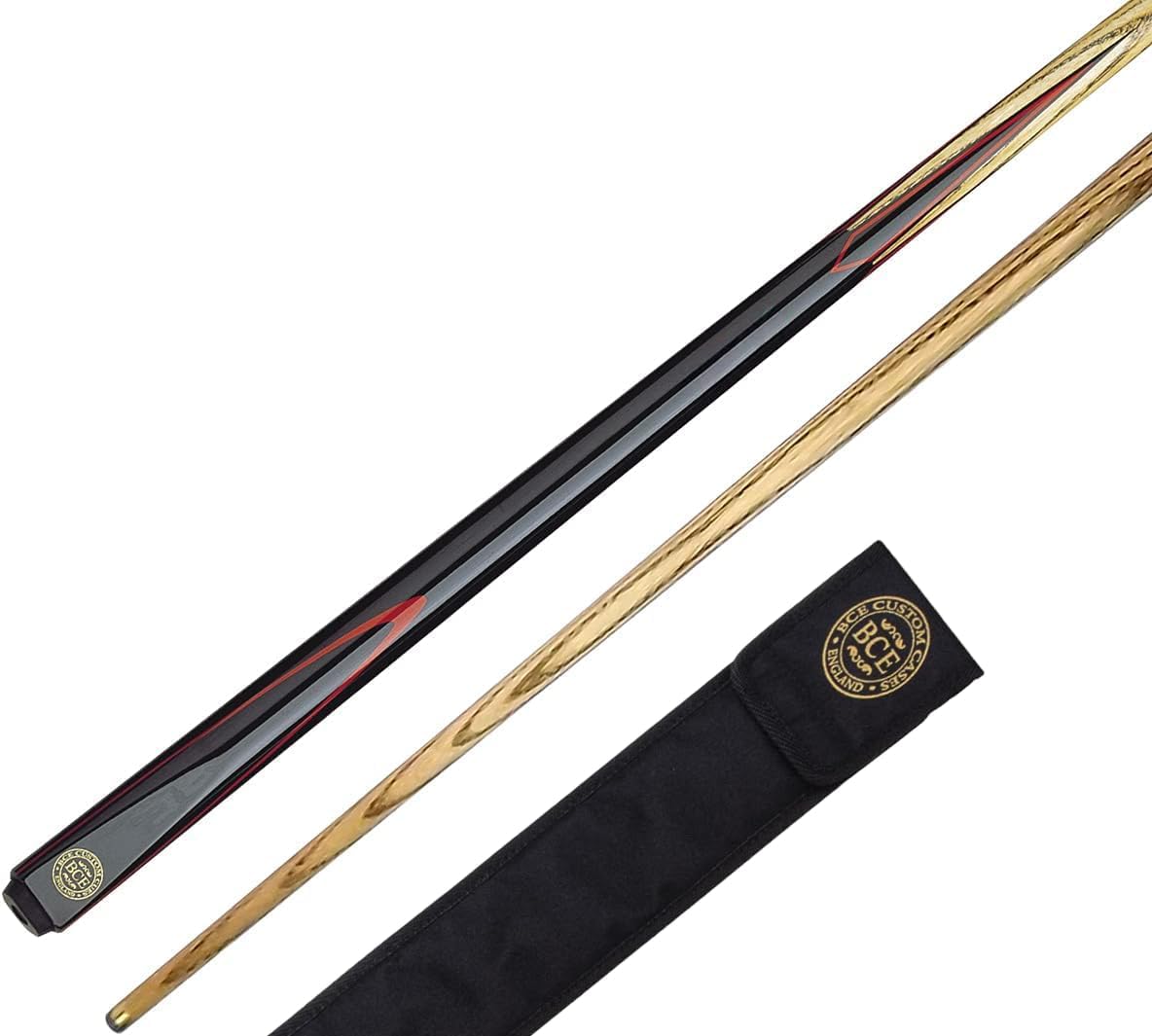BCE 2-Piece Ash Snooker/Pool Cue- 145cm Length - 9.5mm tip with Soft Case | North American Ash Shaft with 9.5mm Leather Tip, Black Four-Point Butt and Red Veneer Detail for Snooker and English Pool