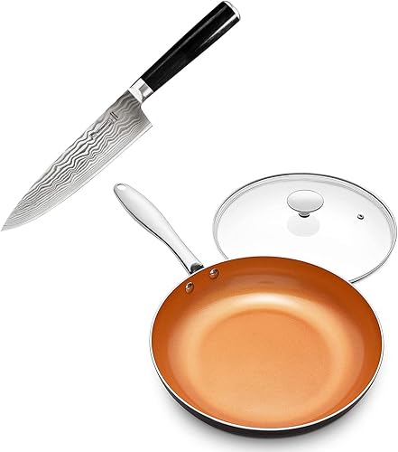 MICHELANGELO Sartén con tapa, sartén antiadherente de 8 pulgadas con revestimiento de titanio de cerámica, sartén de cobre con tapa, cuchillo de