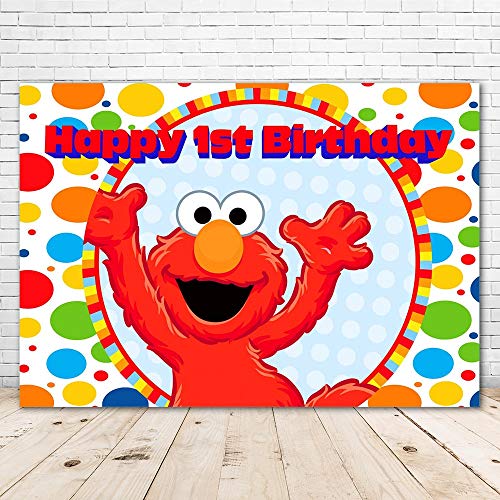 Red Elmo Party Supplies 1st Birthday Backdrop 7x5 Colorful Paint Dots Happy 1st Birthday Elmo Background for Boy and Girl Vinyl Sesame Street Elmo Theme Background for Party Supplies