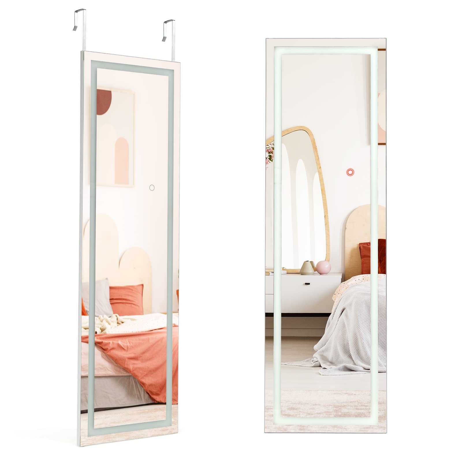 LIFEZEAL Espejo de Pared Largo con Luces, 120x37cm, Espejo de Cuerpo Entero con LED, 3 Colores Ajustable, Espejo de Puerta para Entrada y Dormitorio con Ganchos, Blanco