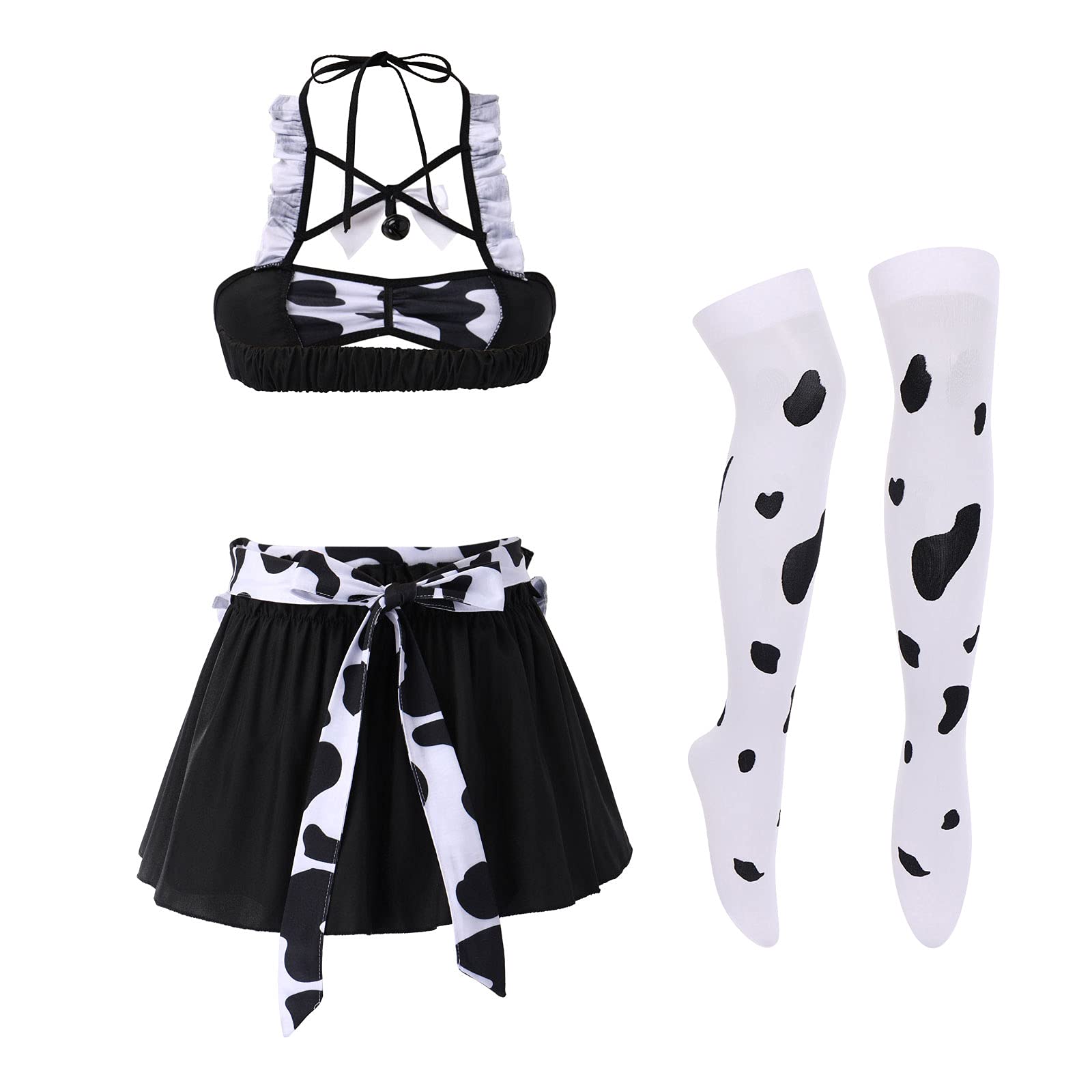 FYMNSI Women Sexy Milk Cow Lingerie Set Anime Maid Cosplay Costume Mini Bikini Bra Bodysuit with Bell Choker Stockings Outfit: One Size Cow Dress Set