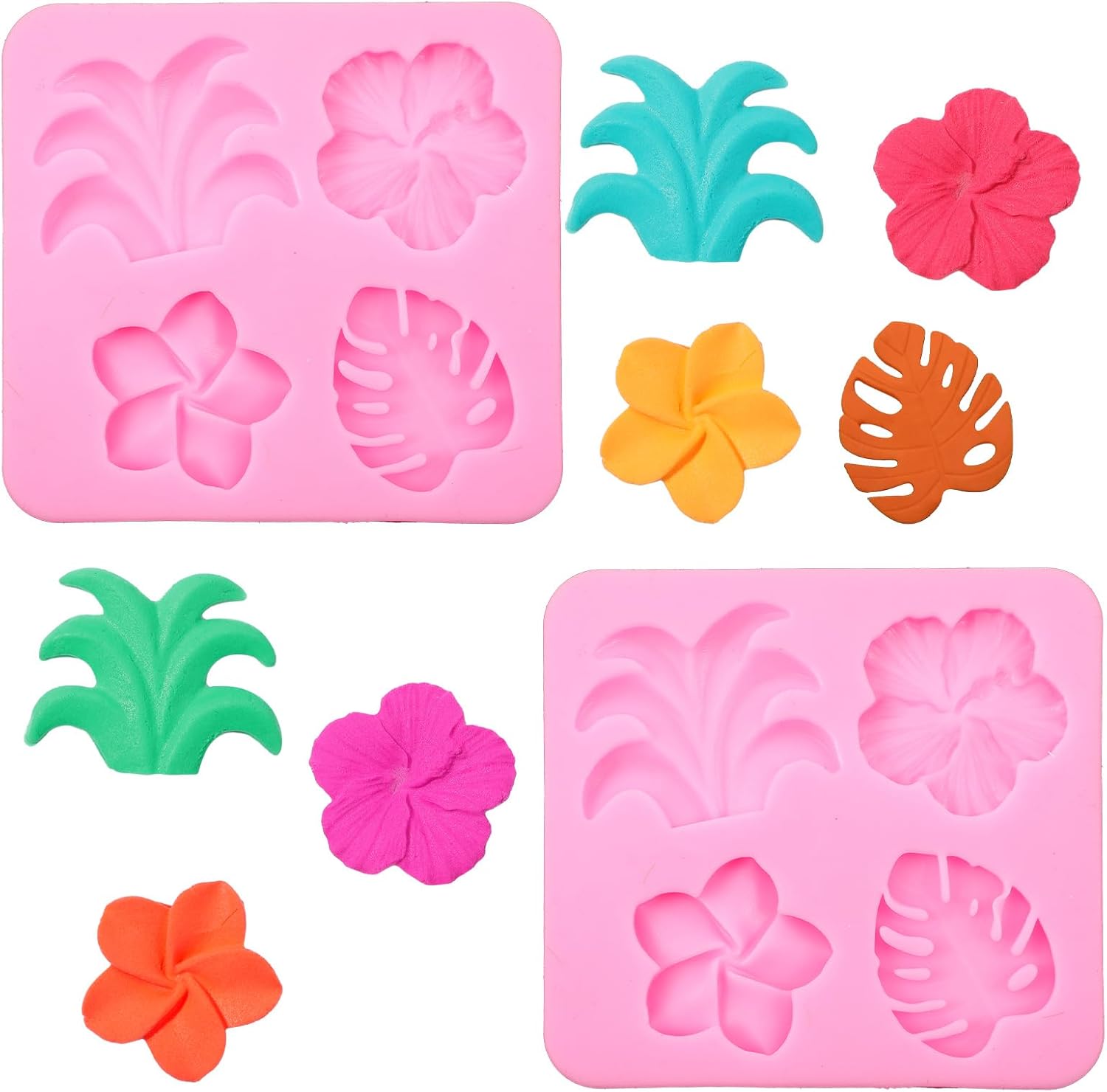 2 Pcs Flower Fondant Mold Silicone Chocolate Candy Mold Tropical Flowers Monstera Leaves Plumeria Hibiscus Leaf Molds For Diy Cupcake Topper Birthday Cake Dessert Decoration Baking