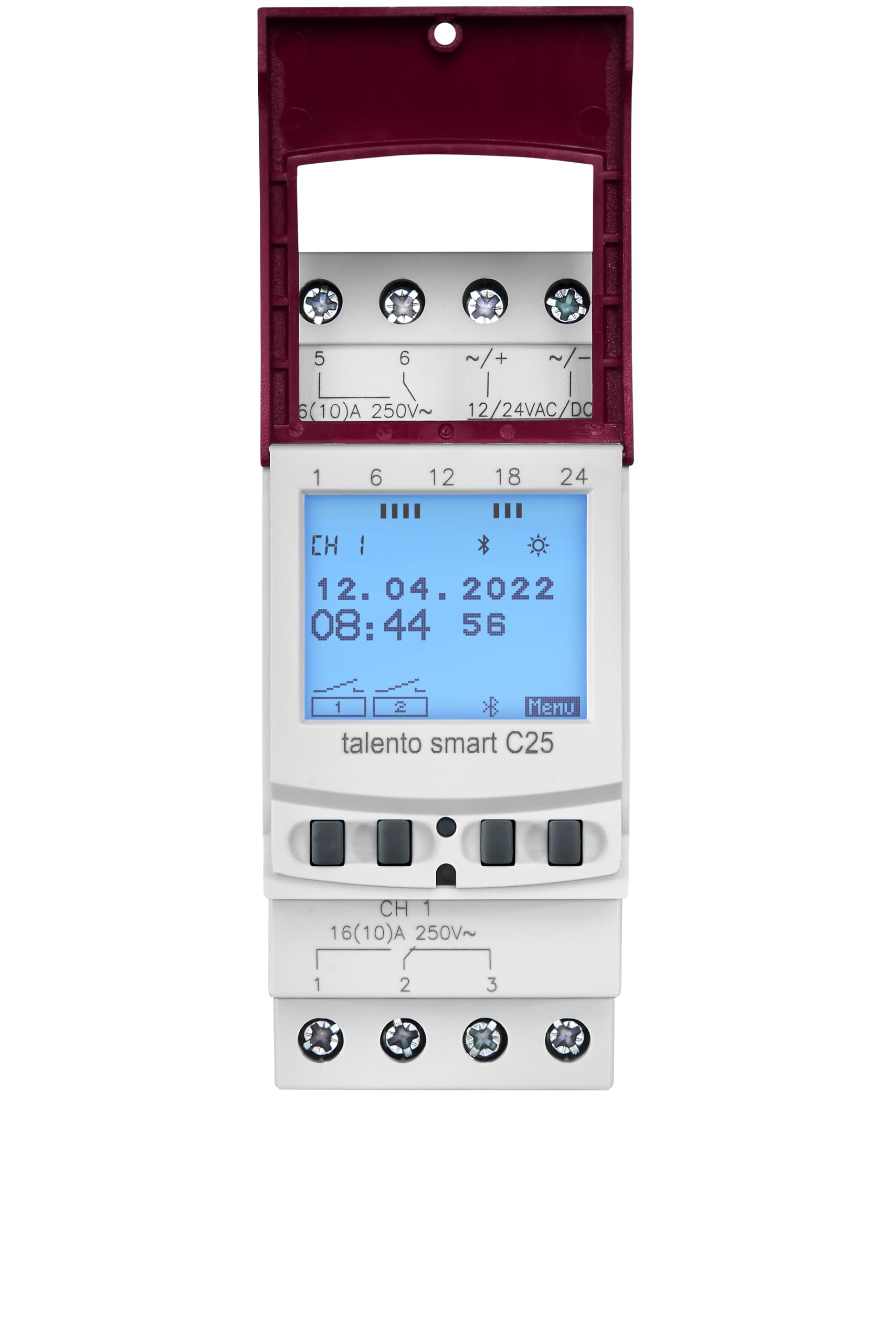 43.03.0003.1 talento smart C25 12-24V Astro-Zeitschaltuhr digital | 2 Kanäle, DIN-Schiene/Hutschiene, 500 Speicherplätze,12–24 V AC/DC, Wochen-/Jahresprogramm, Zyklus/Impuls,8 Jahre Gangreserve