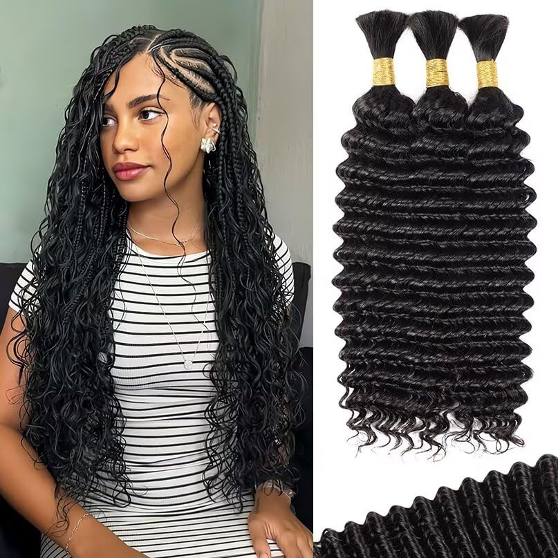 12A Human Braiding Hair for Boho Braids 3 Bundles 22 Inch 100g Deep Wave Braiding Hair for Bohemian Knotless Braids 100% Unprocessed Brazilian Virgin Bulk Hair Extensions No Weft Natural Color