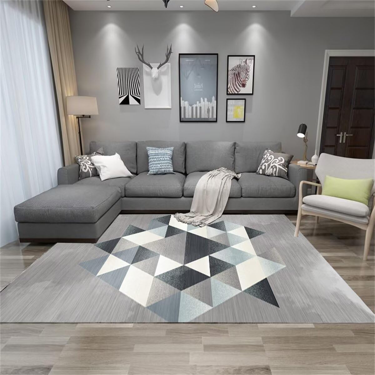 Tapis de couloir géométrique 140x200cm gris bleu : grand tapis d'entrée moderne