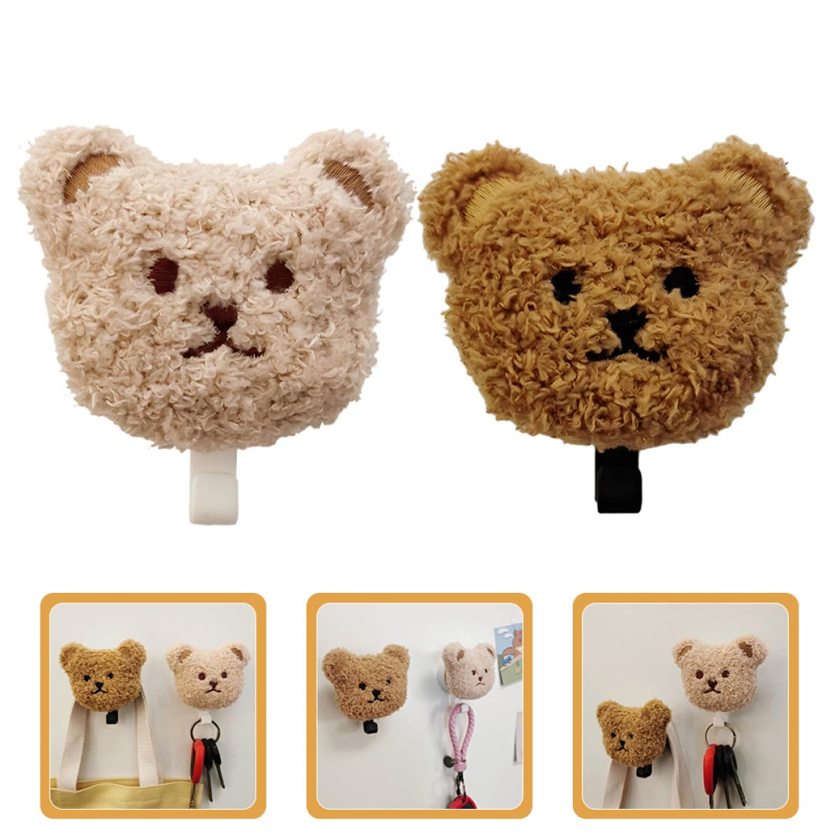 NUOBESTY Ganchos Adhesivos para Pared 2 Piezas Diseño Osito de Peluche de Felpa, para Llaves, Toallas y Paraguas, sin Taladro, Uso en Baño y Cocina, Colores Claro y Negro
