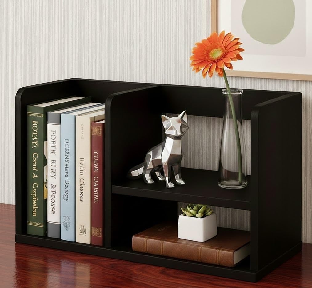 MDF Book Rack Organiser Desktop Bookshelf with Multiple Compartments | Table-Mount Office Storage Organizer Rack | Black-image-11