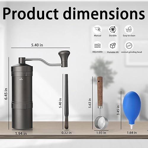 Miniatura 2 de Molinillo de café manual con rebaba cónica de acero inoxidable de 7 estrellas, molinillo de café portátil con ajuste de molienda ajustable externo