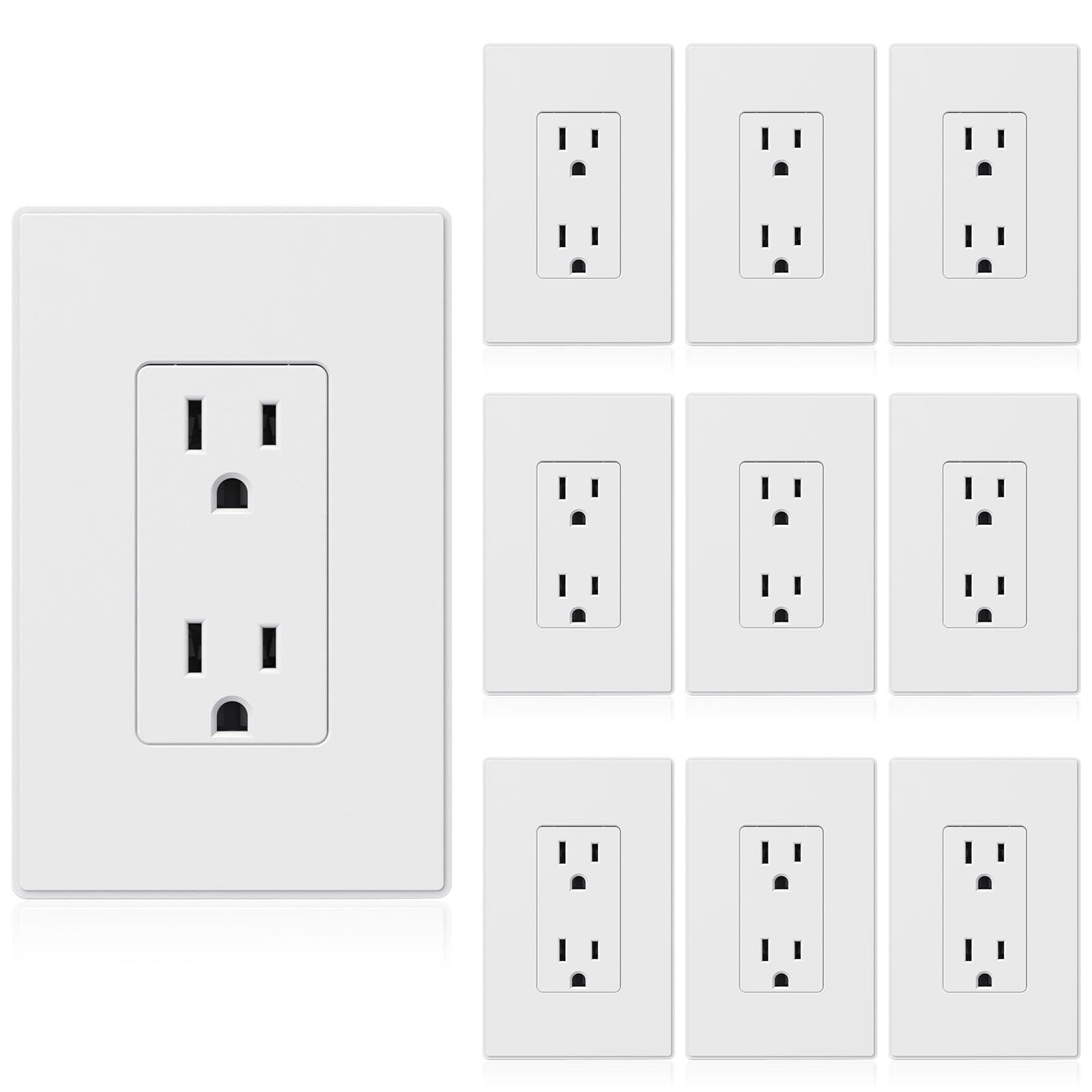 ELEGRP Matte White Standard Decorator Electrical Wall Receptacle Outlet, 15A 125V, 2 Pole 3 Wire, Non-Tamper Resistant, NEMA 5-15R, Self-Grounding,