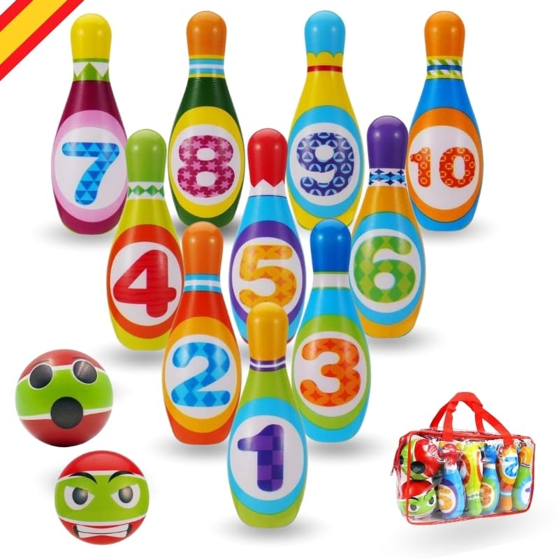 MandA® Bolos Infantiles - Juego de Bolos para Niños - Regalo Bolsa Transporte - Juguete Seguro, para niños 1-6 años - Regalo niño - Juguetes Montessori - Bowling niños - 10 Bolos de 14cm de Espuma.
