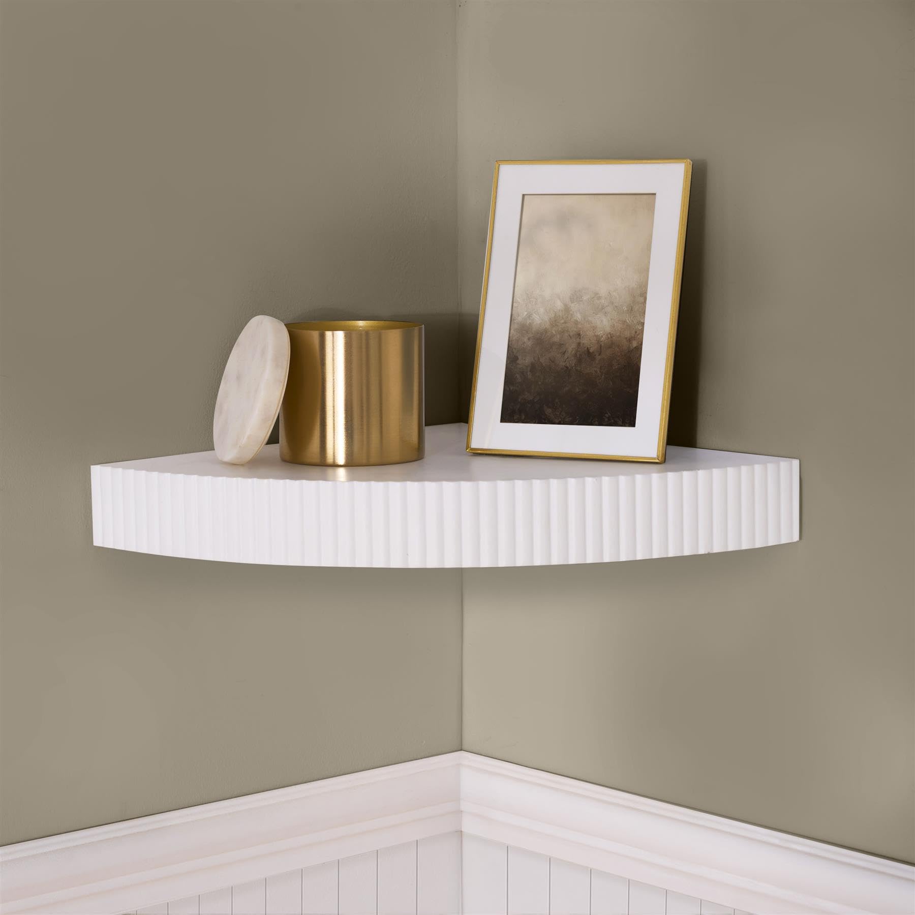 OHS Wooden Corner Shelf Wall Mounted, Modern Ribbed Wall Shelf Storage Organiser Floating Shelves for Walls Display for Living Room Bedroom Kitchen Easy Install, Cream