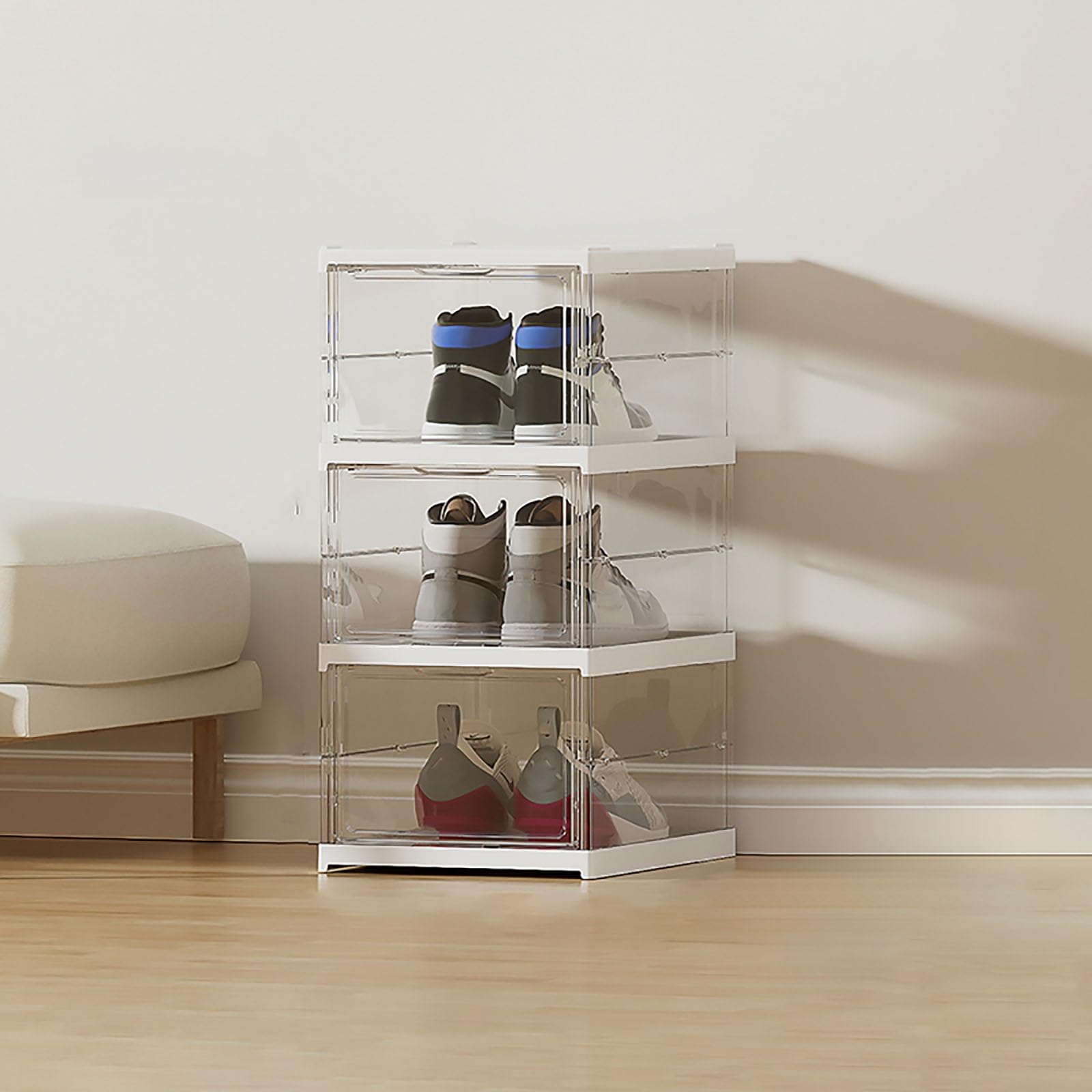 Organizador de zapatos plegable y transparente ideal para ganar espacio limpio en el dormitorio