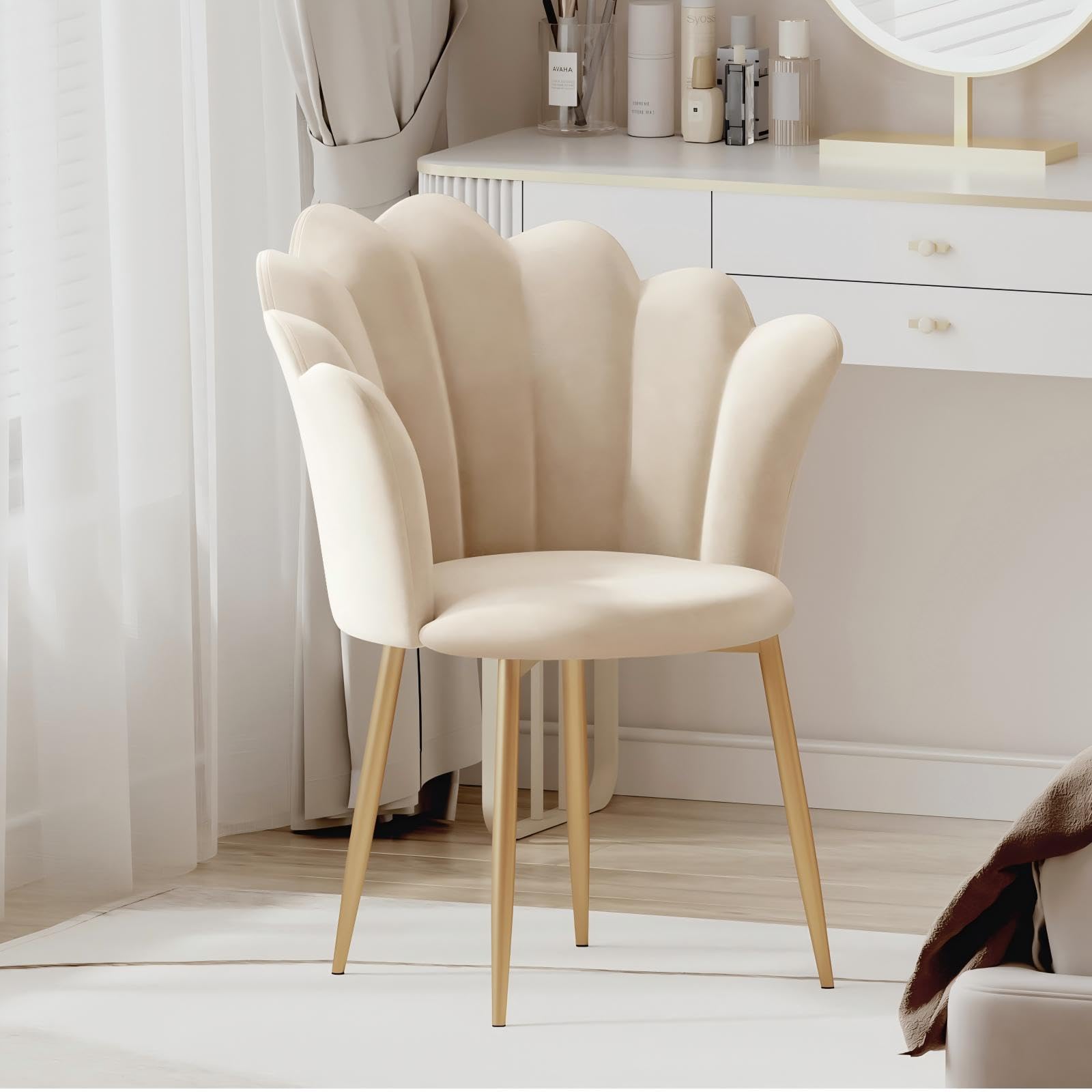Armchair Tub Chair, Velvet Vanity Chair Shell Accent Chairs with Gold Plating Metal Legs, Leisure Single Sofa Dressing Chairs for Home, Office, Bedroom, Living Room, Dining Room, Beige