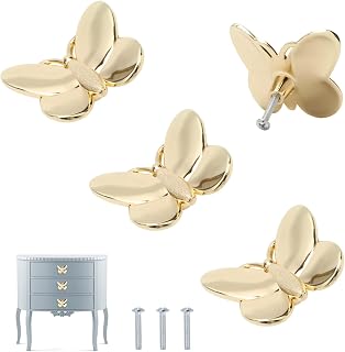 Butterfly Cabinet Knobs Cute Girl Animal Dresser Pulls (Gold,4 Pcs) | Zine Alloy Pulls,Retro Decorative Handle,Big Size Knob Butterfly,Includes Screw for Installation,For Kitchen Bathroom Dresser