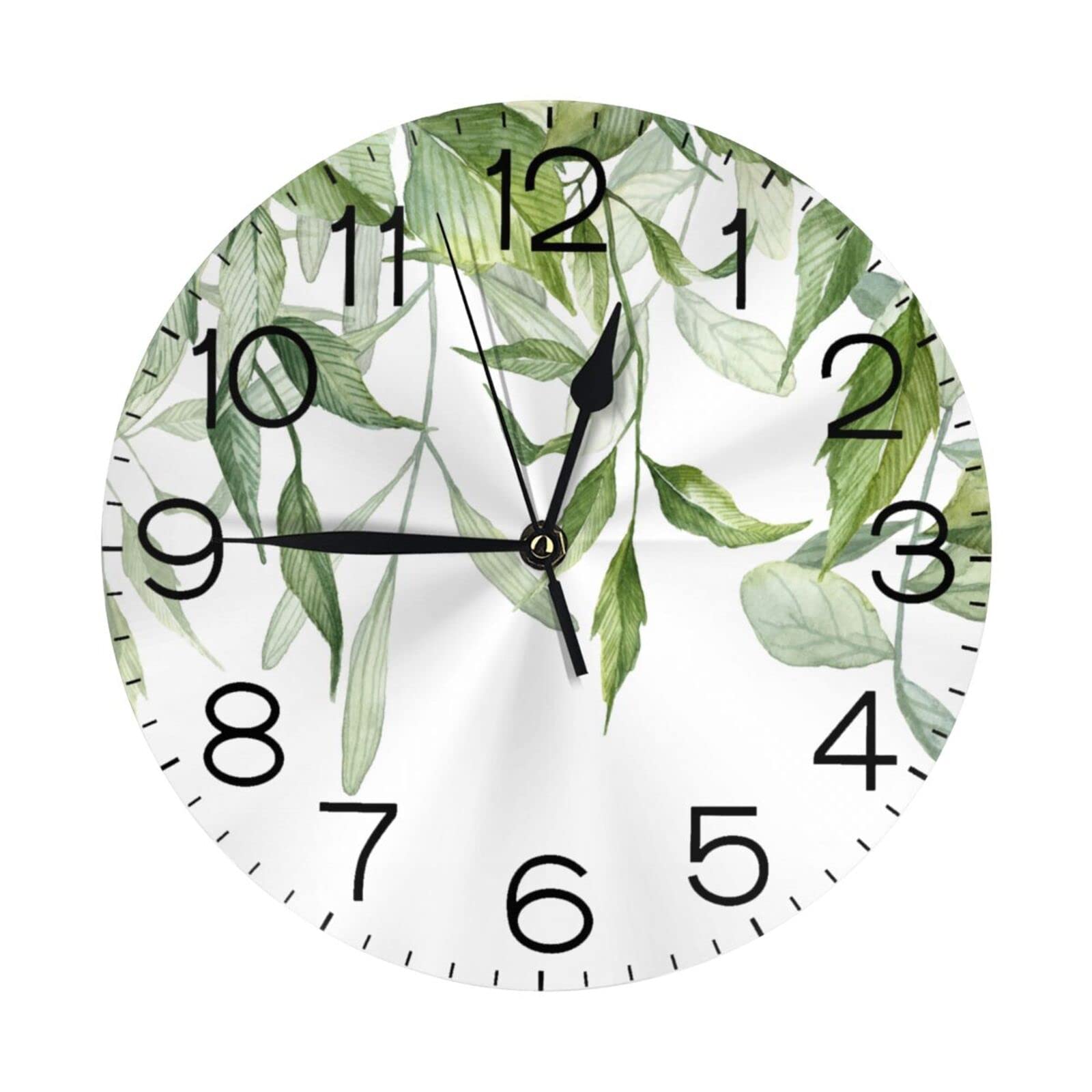 Wall Clock Leaf Botanical Green White Boho Watercolor Silent Non-Ticking 10 Inch Round Clocks Battery Operated Quartz Analog for Living Room Kitchen Bedroom Bathroom Office Home School Decor PVC