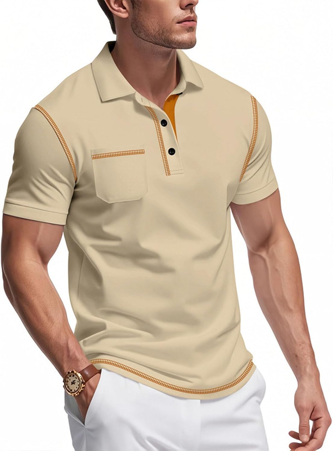 Polo Shirts for Men Solid Color Casual Shorts Sleeve Summer Shirt Classic Collared Button Golf Shirts with Pocket