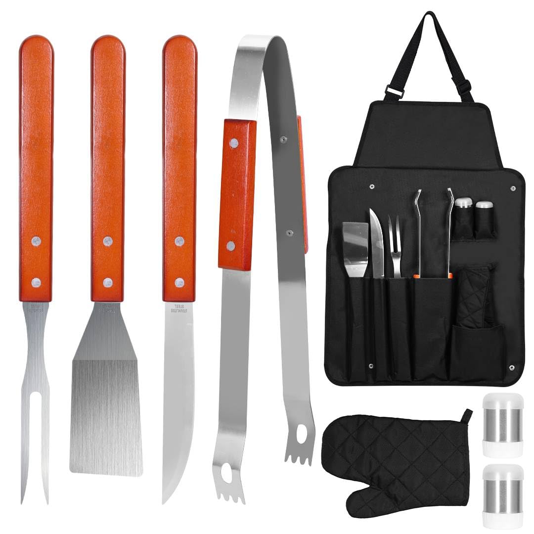 8-Piece Braai Tool Set with Apron – Portable BBQ Wooden Handle