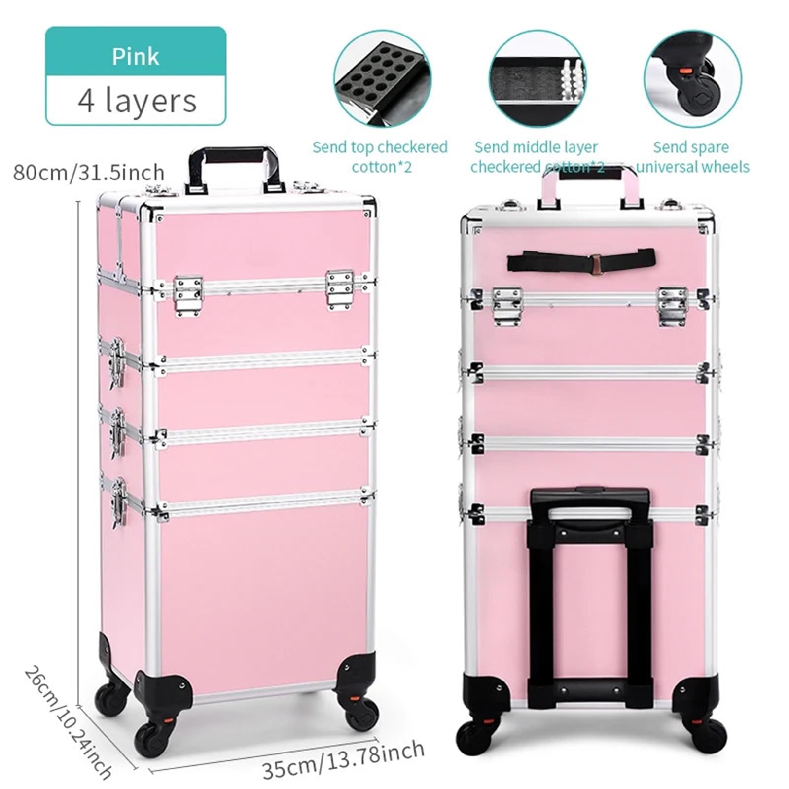Kosmetikkoffer Multifunktionaler, 4-stöckiger Profi-Make-up-Koffer, faltbar, for Friseure und Kosmetikerinnen Maquilleuse Itinérante(Pink)