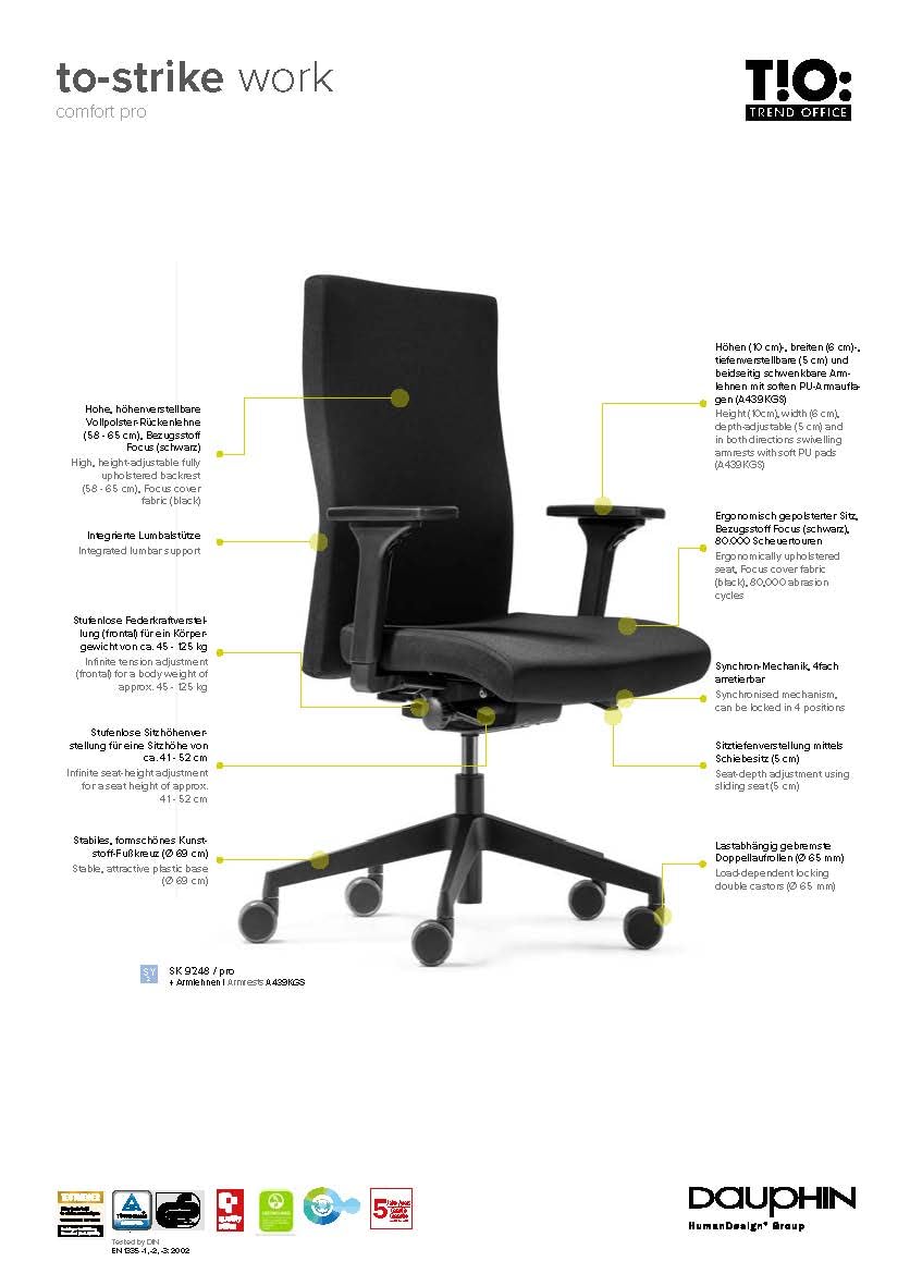 TREND OFFICE to-Strike Comfort pro sk 9248, ergonomischer Bürostuhl schwarz | Testsieger Stiftung Warentest, Trendoffice by Dauphin, 4D-Armlehnen, Polster-Rückenlehne höhenverstellbar, Synchron-Mechanik