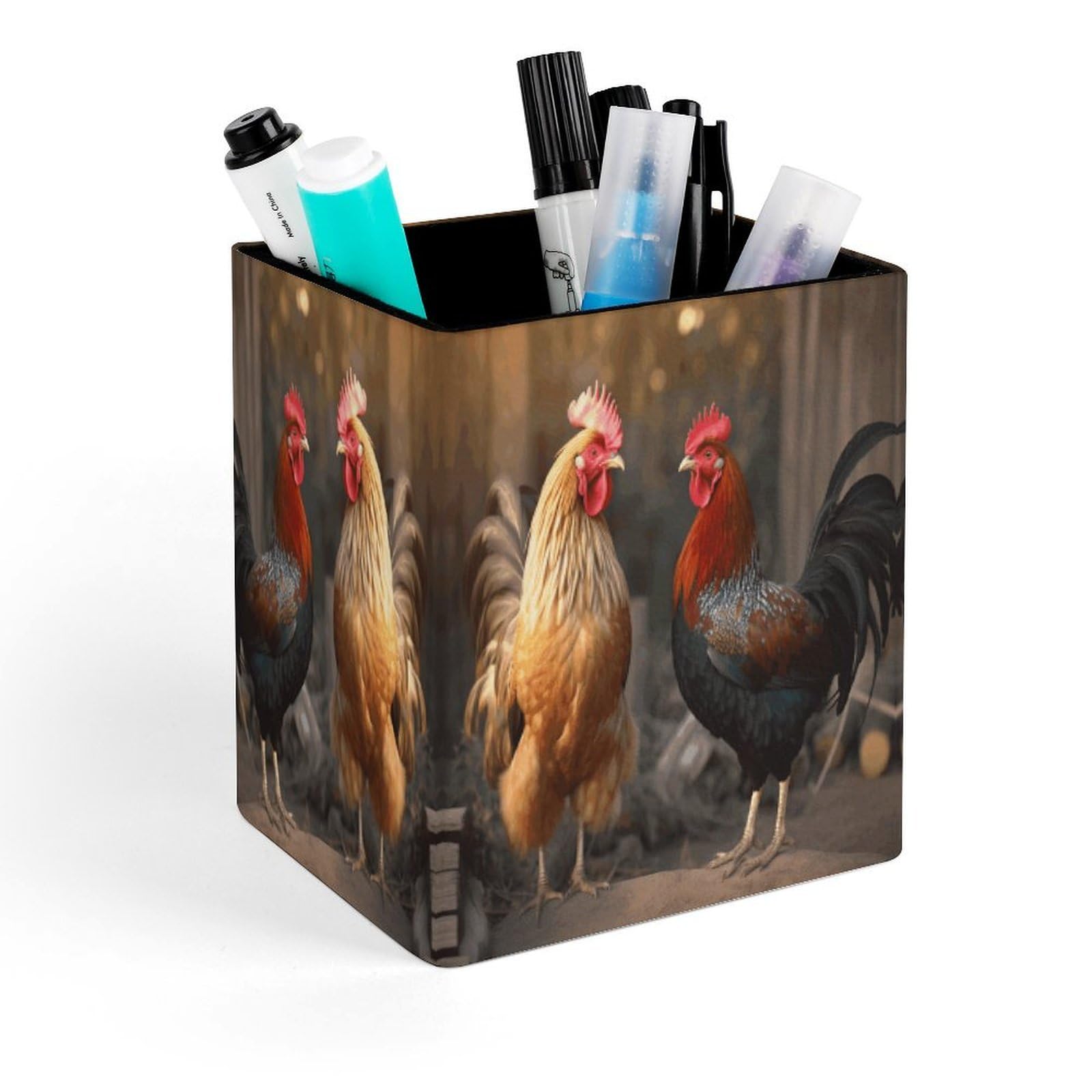 VstaDank Rooster And Chicken Pen Holder Square Pencil Holder Leather Pencil Cup Pen Organizer Makeup Brush Holders Pen Cups Desktop Stationery Organizer for Home Office Desk Organizers